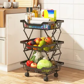 CHESTON Multi Layered Kitchen Organiser | Stackable Storage Rack | Collapsible Black Baskets of Carbon Steel | Rust-Resistant | Sturdy Vegetable Basket for Kitchen Storage (3 Layer)