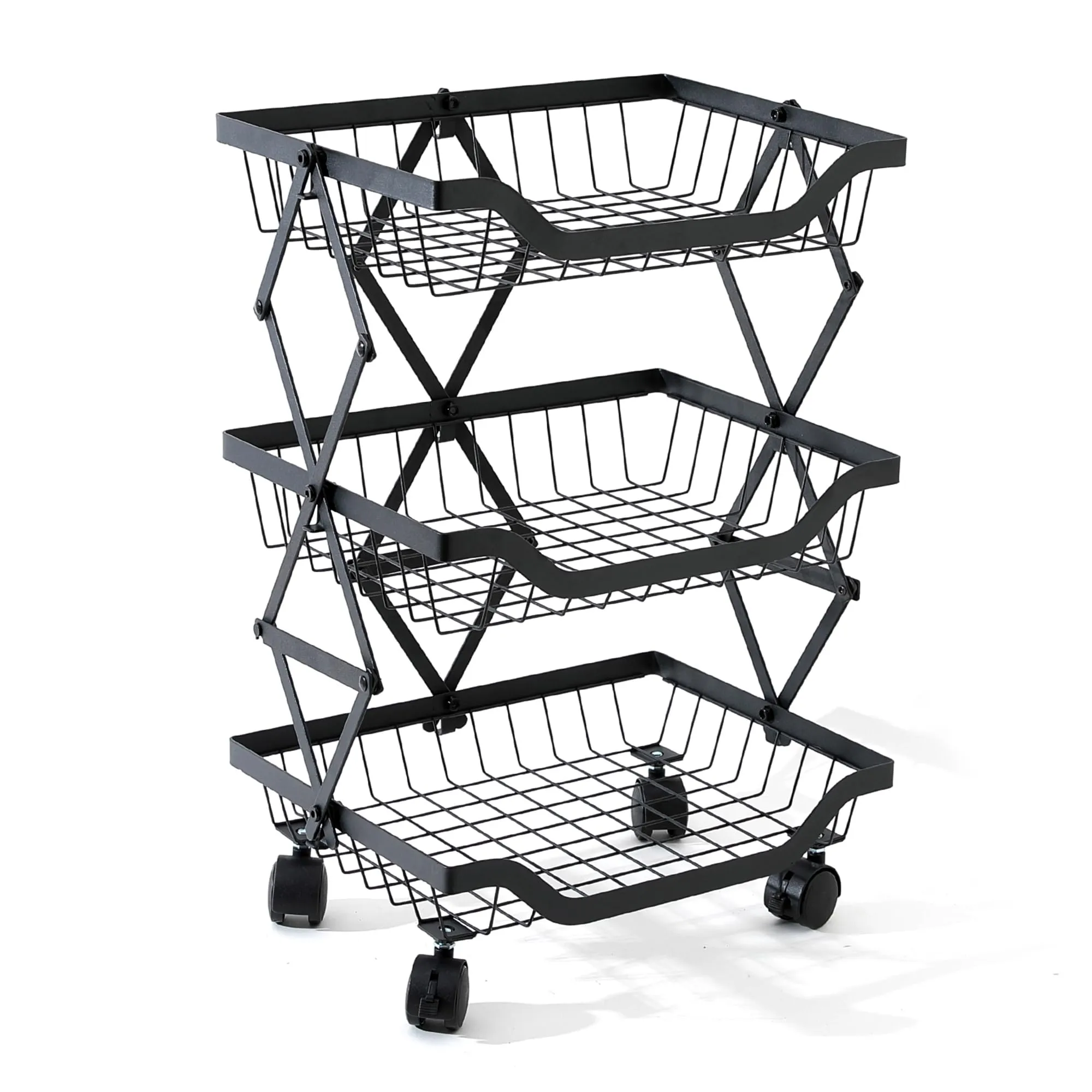 CHESTON Multi Layered Kitchen Organiser | Stackable Storage Rack | Collapsible Black Baskets of Carbon Steel | Rust-Resistant | Sturdy Vegetable Basket for Kitchen Storage (3 Layer)
