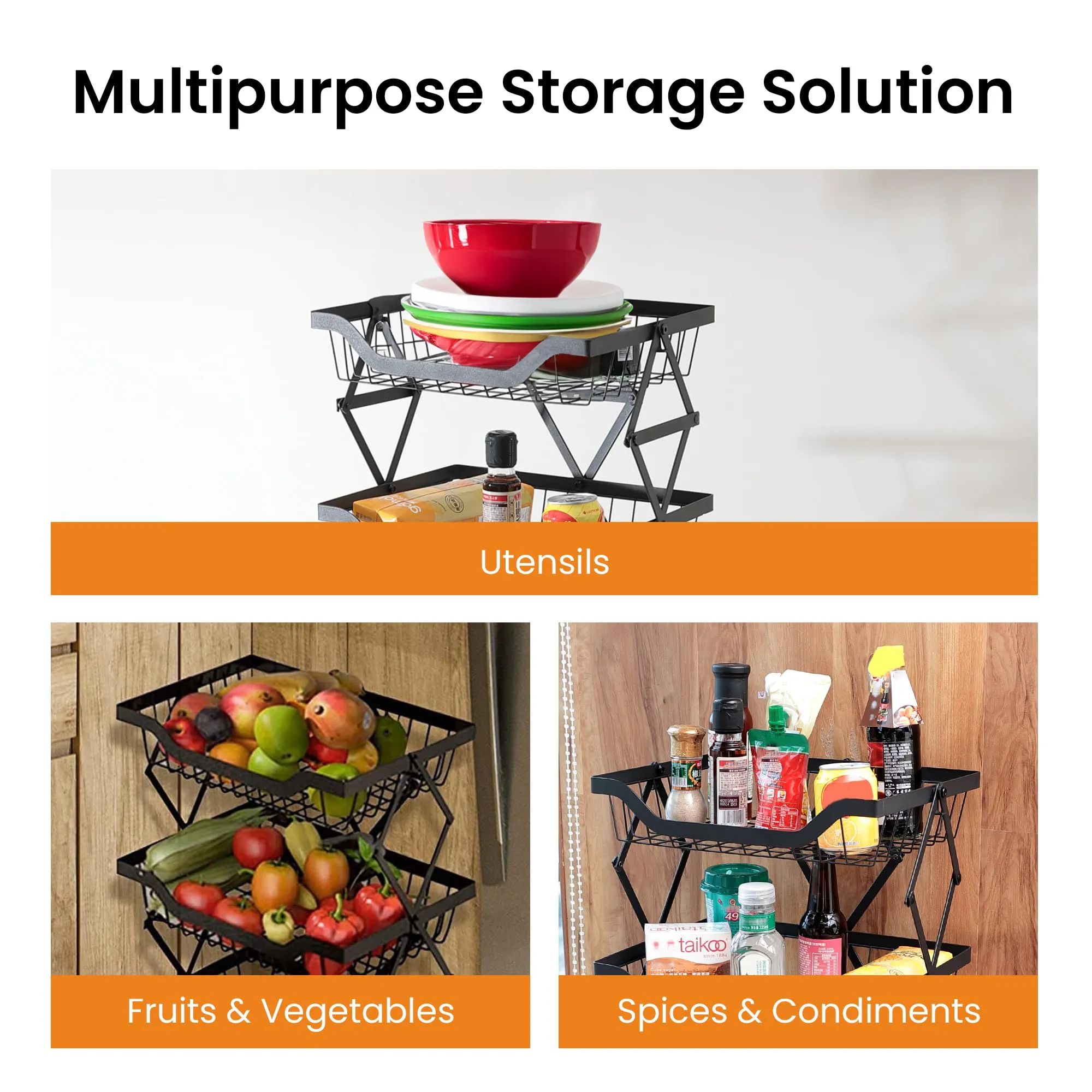 CHESTON Multi Layered Kitchen Organiser | Stackable Storage Rack | Collapsible Black Baskets of Carbon Steel | Rust-Resistant | Sturdy Vegetable Basket for Kitchen Storage (3 Layer)