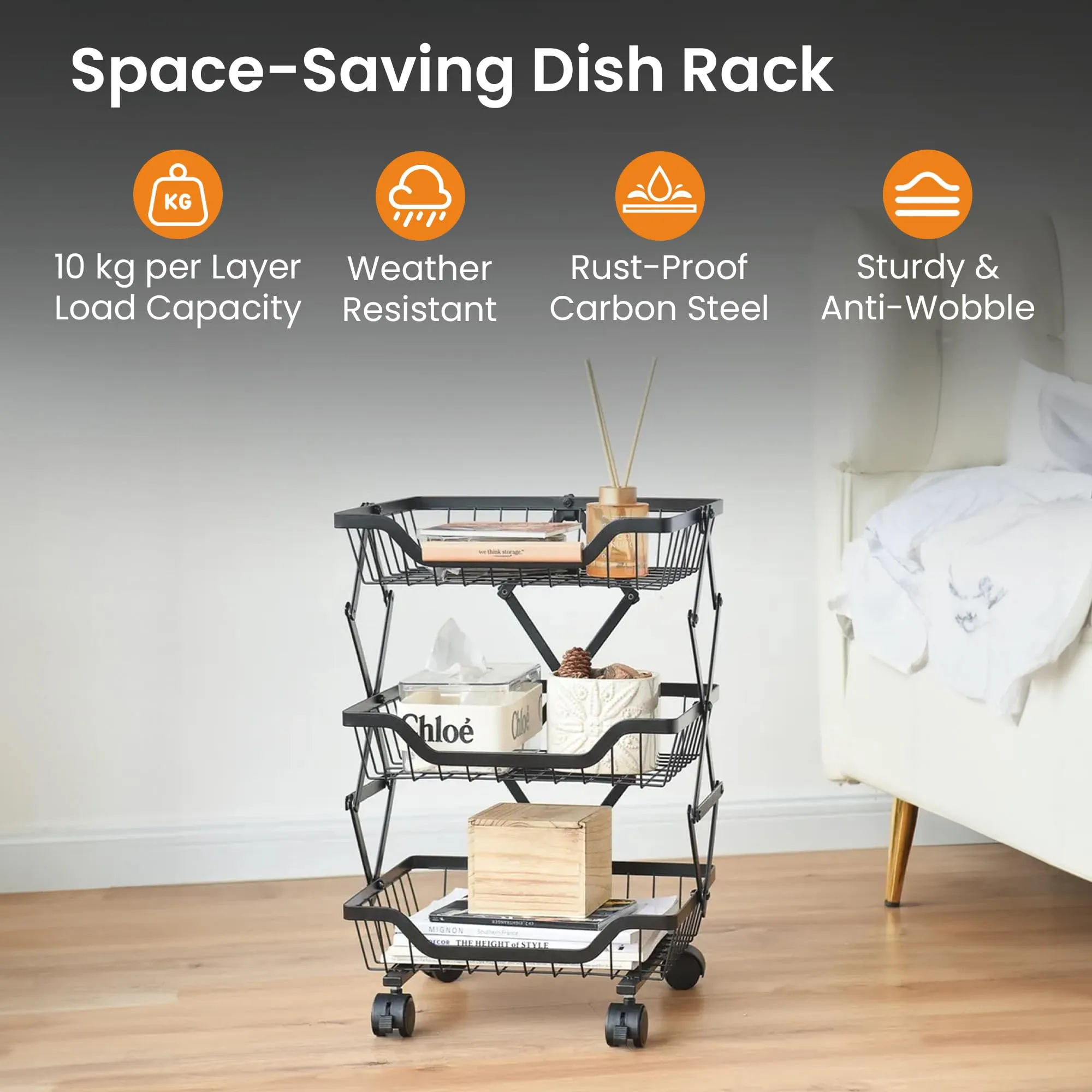 CHESTON Multi Layered Kitchen Organiser | Stackable Storage Rack | Collapsible Black Baskets of Carbon Steel | Rust-Resistant | Sturdy Vegetable Basket for Kitchen Storage (3 Layer)