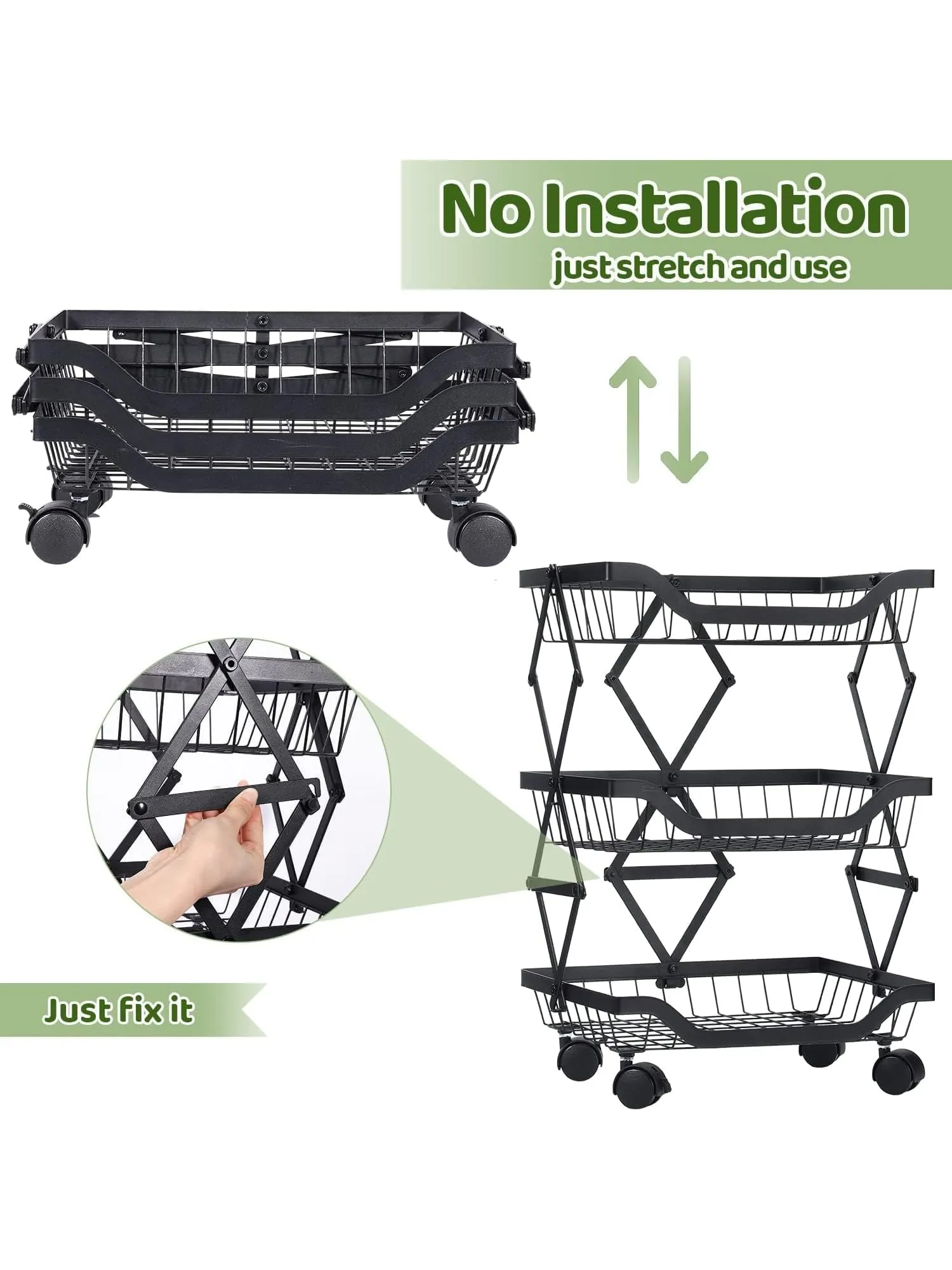 CHESTON Multi Layered Kitchen Organiser | Stackable Storage Rack | Collapsible Black Baskets of Carbon Steel | Rust-Resistant | Sturdy Vegetable Basket for Kitchen Storage (3 Layer)