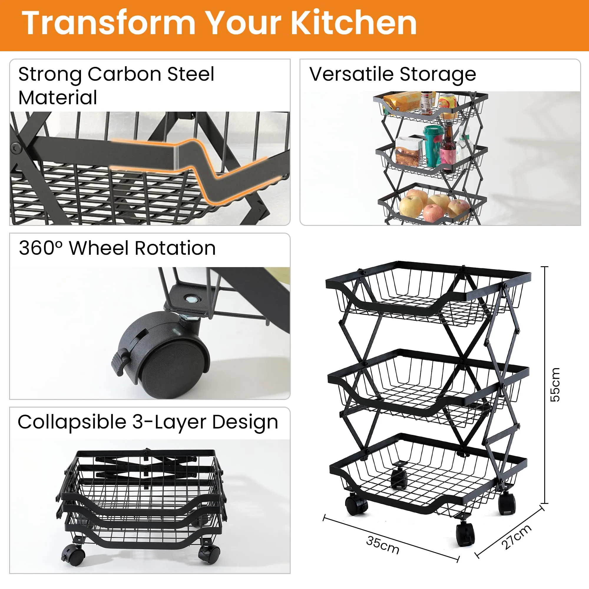 CHESTON Multi Layered Kitchen Organiser | Stackable Storage Rack | Collapsible Black Baskets of Carbon Steel | Rust-Resistant | Sturdy Vegetable Basket for Kitchen Storage (3 Layer)