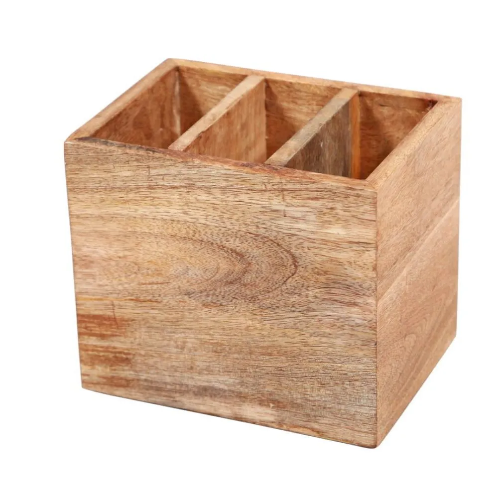 Cutlery Holder | Table Accessory | 3 Compartment | Solid Mango Wood | 6.8"