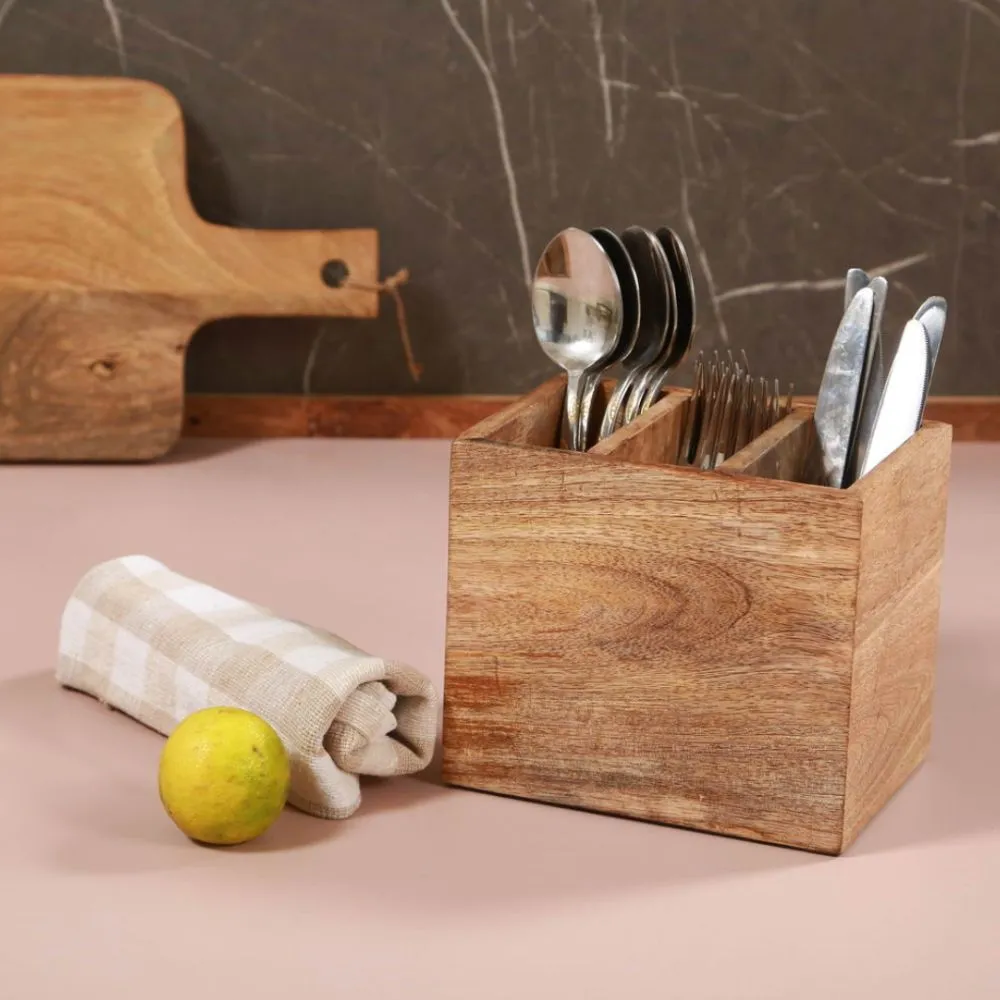 Cutlery Holder | Table Accessory | 3 Compartment | Solid Mango Wood | 6.8"