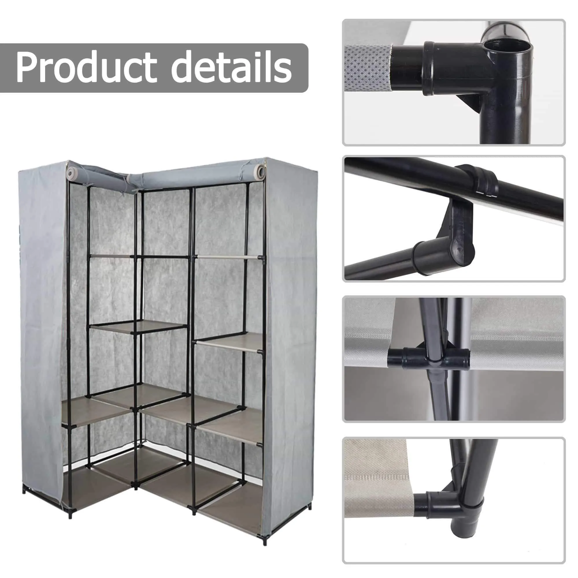 Dporticus Portable Corner Clothes Closet Wardrobe Storage Organizer with Metal Shelves and Dustproof Non-Woven Fabric Cover in Gray