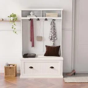 Entryway hall tree with coat rack 4 hooks andStorage benchShoe cabinet white
