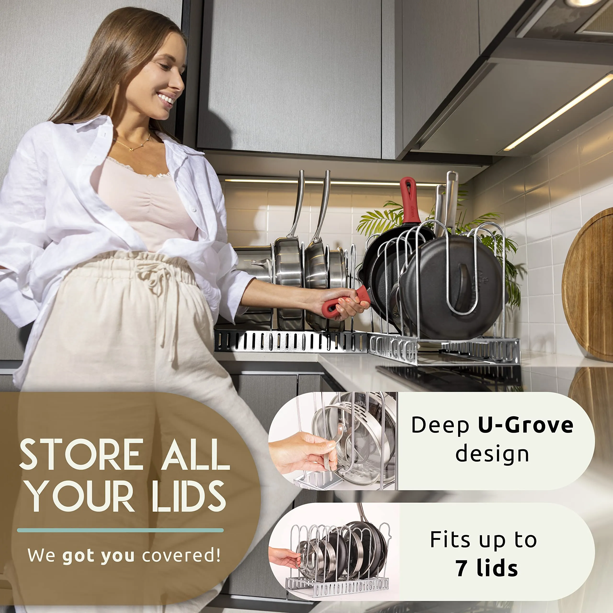 Geekdigg Adjustable Pot and Pan Organizer with Extensible Lid Rack for Cabinet Storage - Space-Saving Kitchen Solution