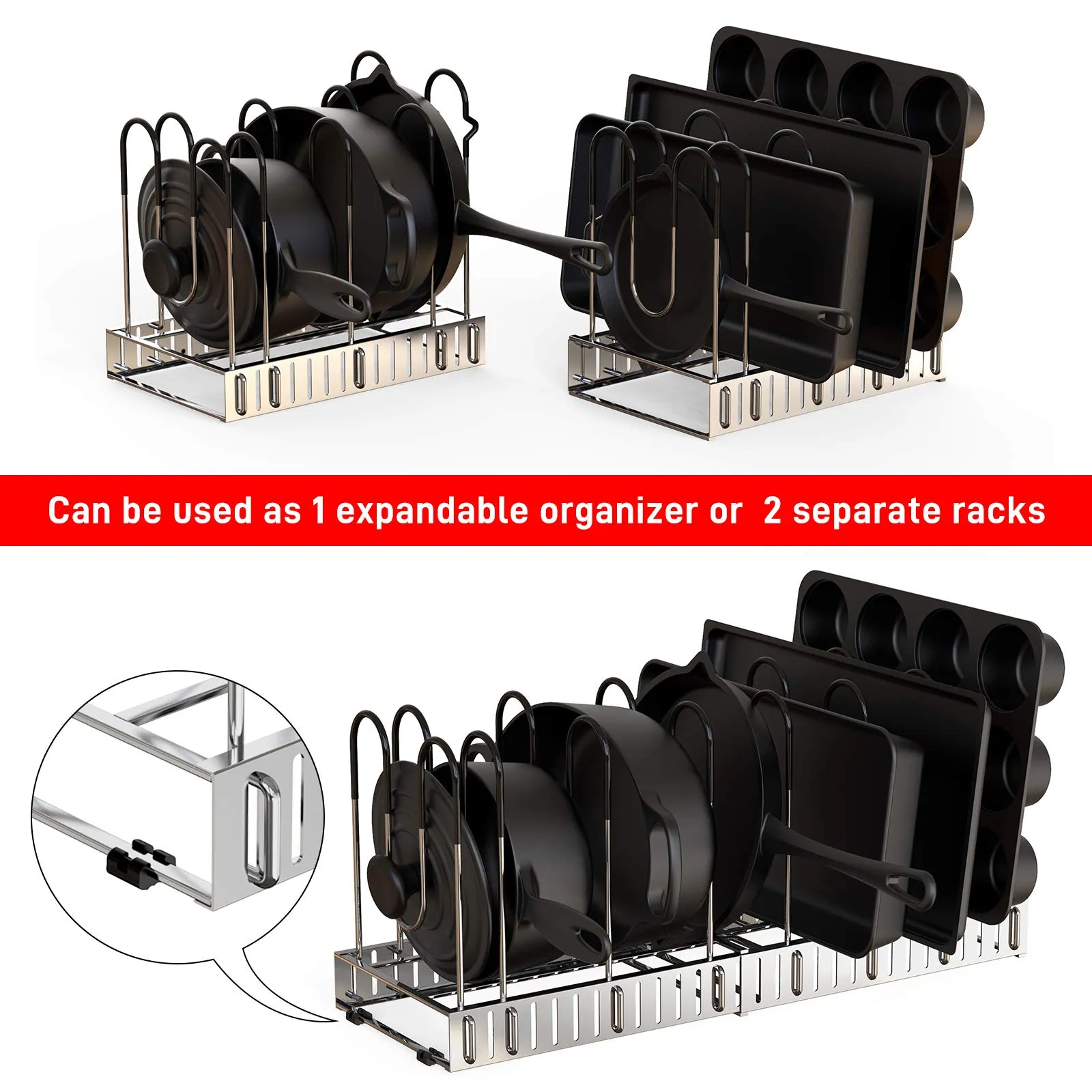 Geekdigg Adjustable Pot and Pan Organizer with Extensible Lid Rack for Cabinet Storage - Space-Saving Kitchen Solution