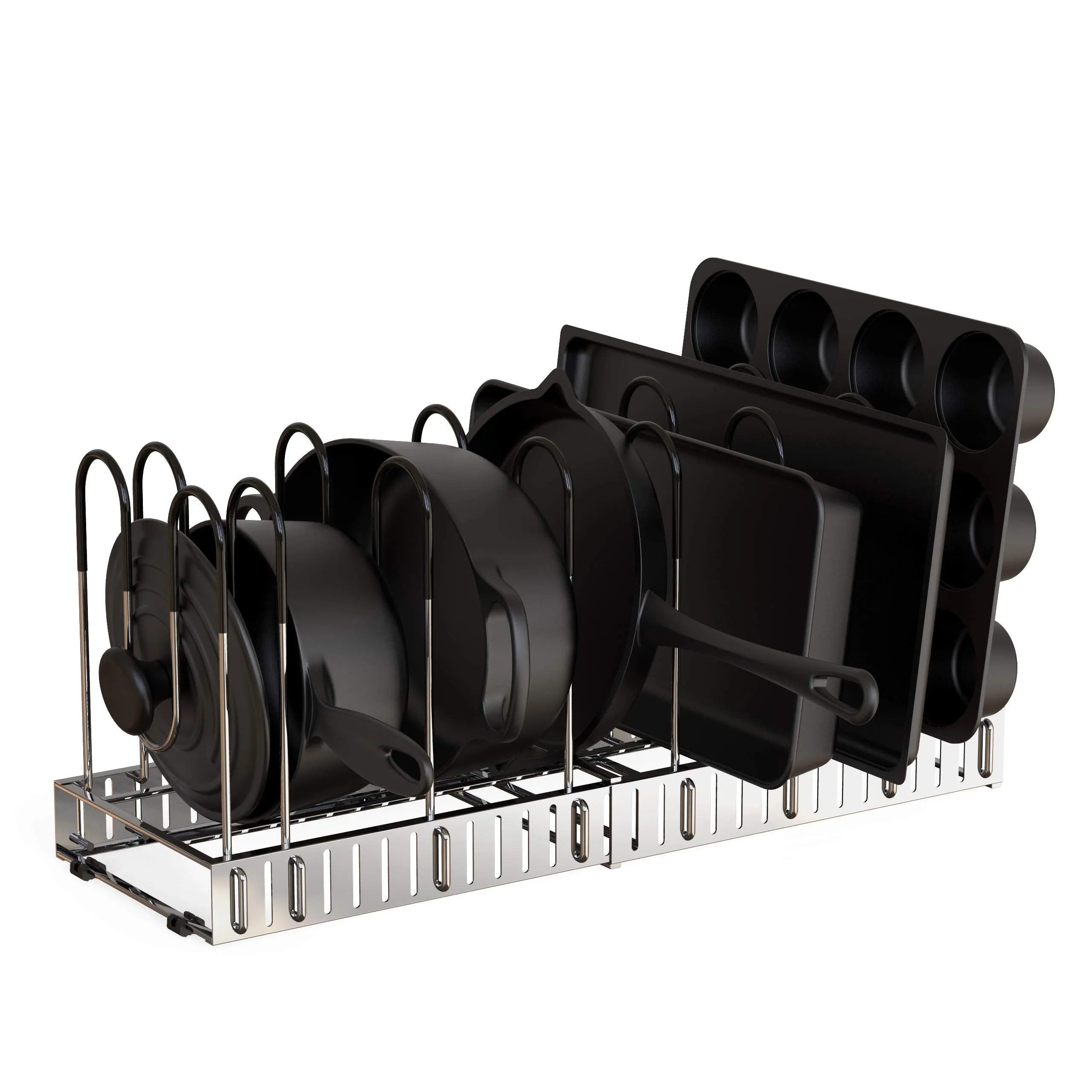 Geekdigg Adjustable Pot and Pan Organizer with Extensible Lid Rack for Cabinet Storage - Space-Saving Kitchen Solution
