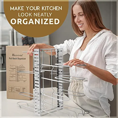 GeekDigg Pot Rack Adjustable 3 DIY Methods Silver Pan Organizer Shelf for Kitchen