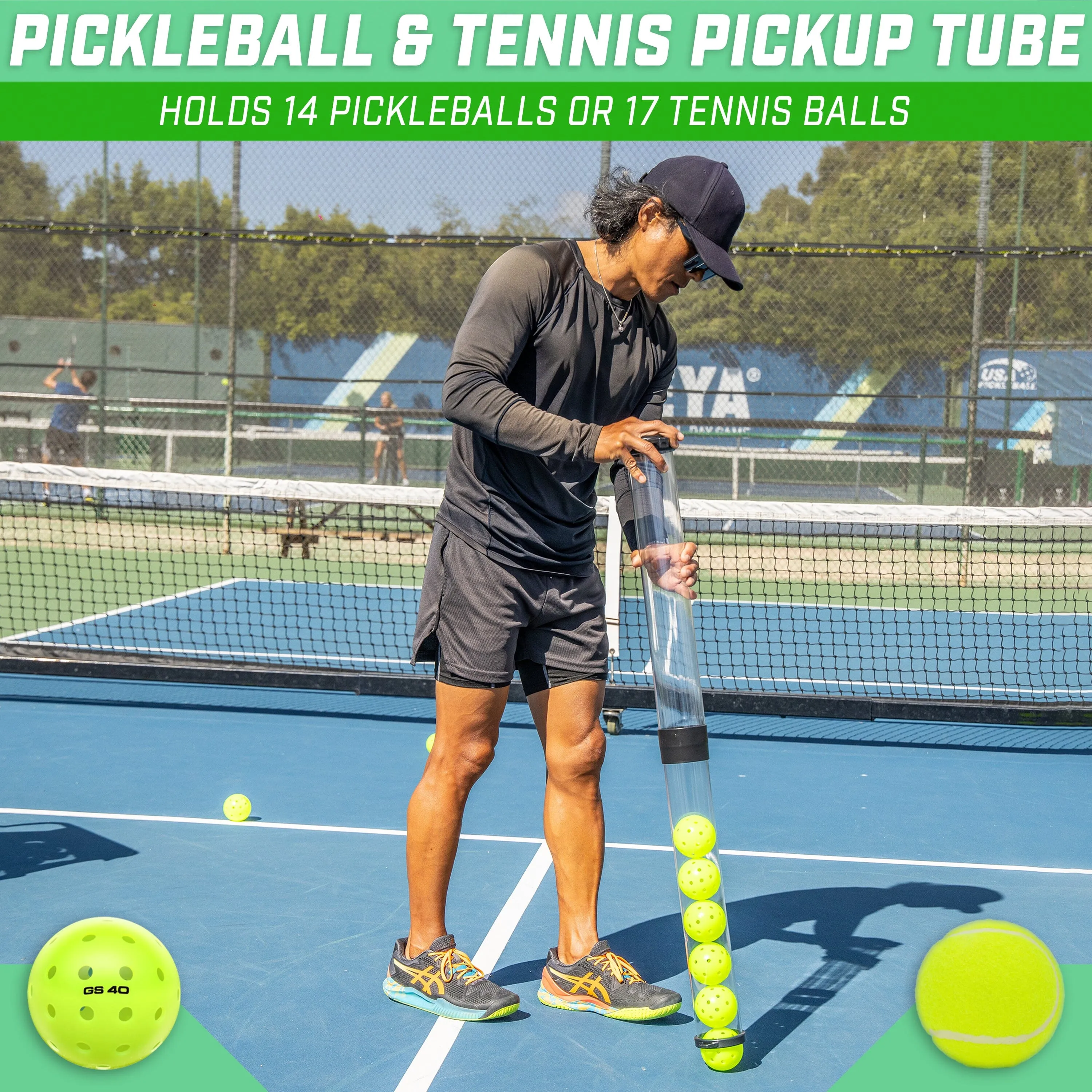 GoSports Pickleball & Tennis Pickup Tube - Ball Retreiver and Holder, Fits 14 Pickleballs or 17 Tennis Balls