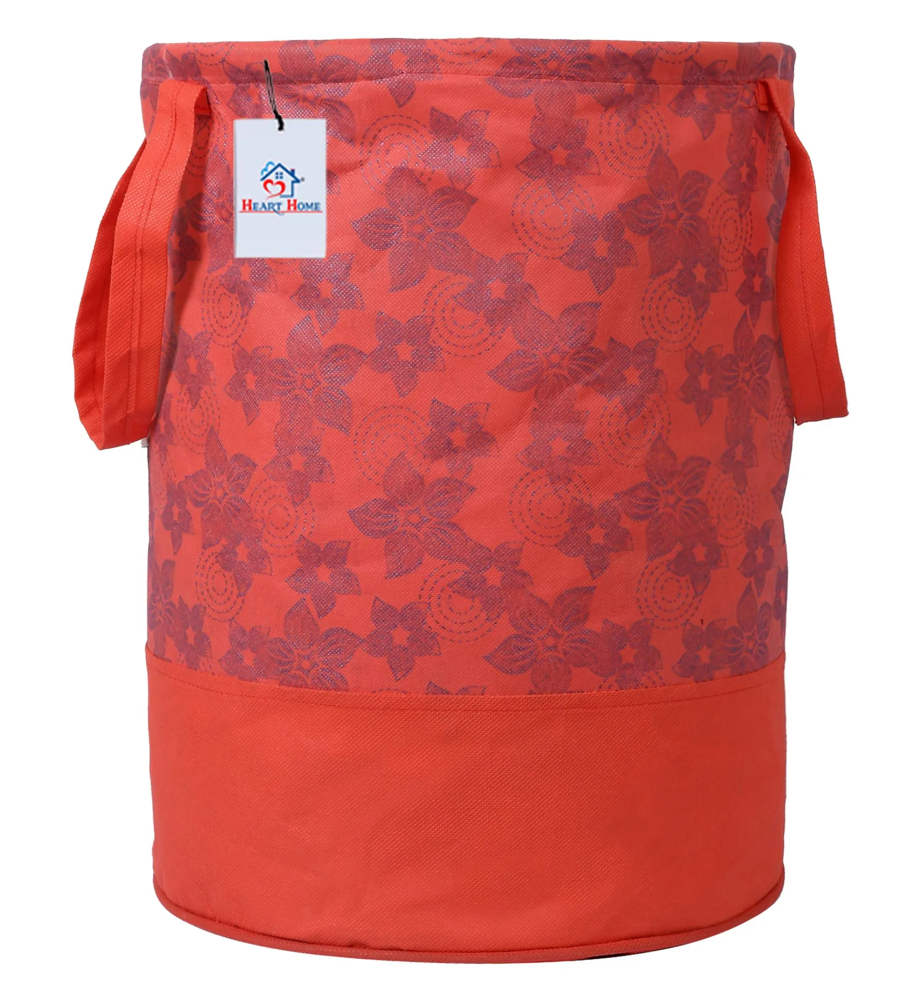 Heart Home Metalic Flower Print Round Non Woven Fabric Foldable Laundry Basket, Toy Storage Basket, Cloth Storage Basket with Handles, 45 LTR (Red)-HEART12053