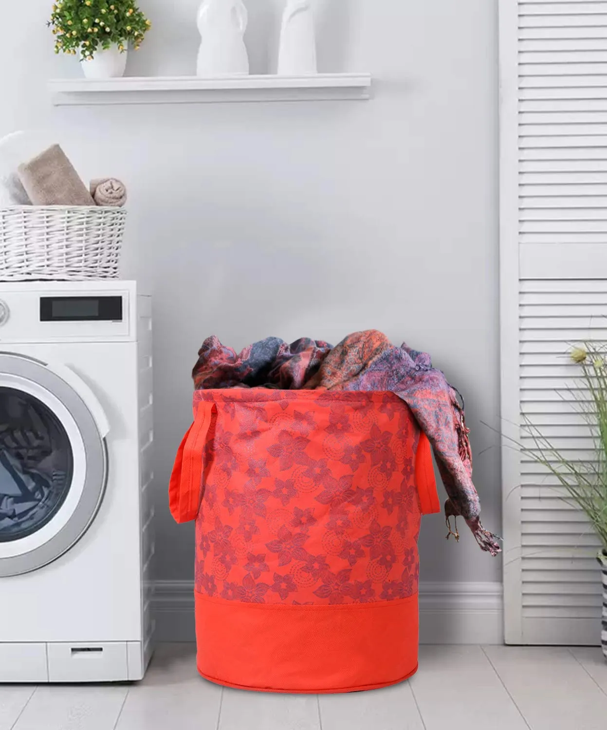 Heart Home Metalic Flower Print Round Non Woven Fabric Foldable Laundry Basket, Toy Storage Basket, Cloth Storage Basket with Handles, 45 LTR (Red)-HEART12053