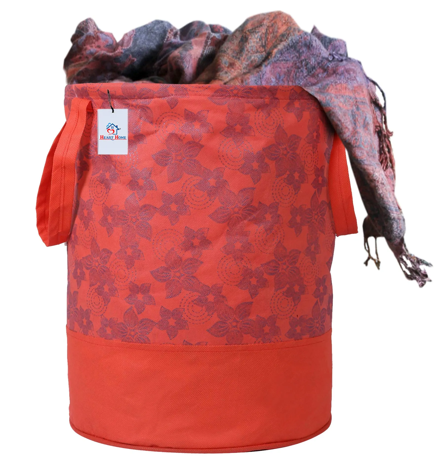 Heart Home Metalic Flower Print Round Non Woven Fabric Foldable Laundry Basket, Toy Storage Basket, Cloth Storage Basket with Handles, 45 LTR (Red)-HEART12053