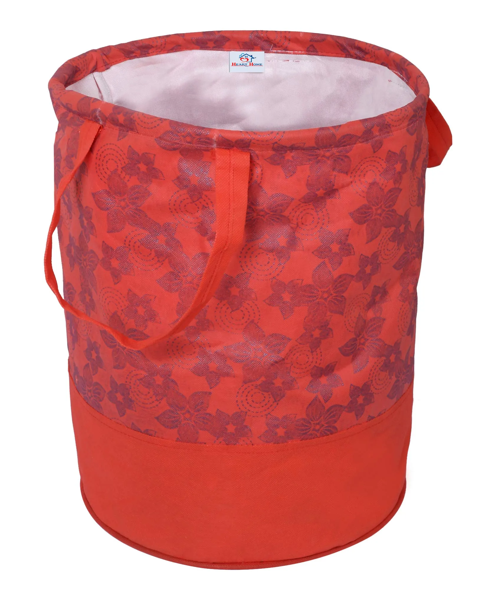 Heart Home Metalic Flower Print Round Non Woven Fabric Foldable Laundry Basket, Toy Storage Basket, Cloth Storage Basket with Handles, 45 LTR (Red)-HEART12053