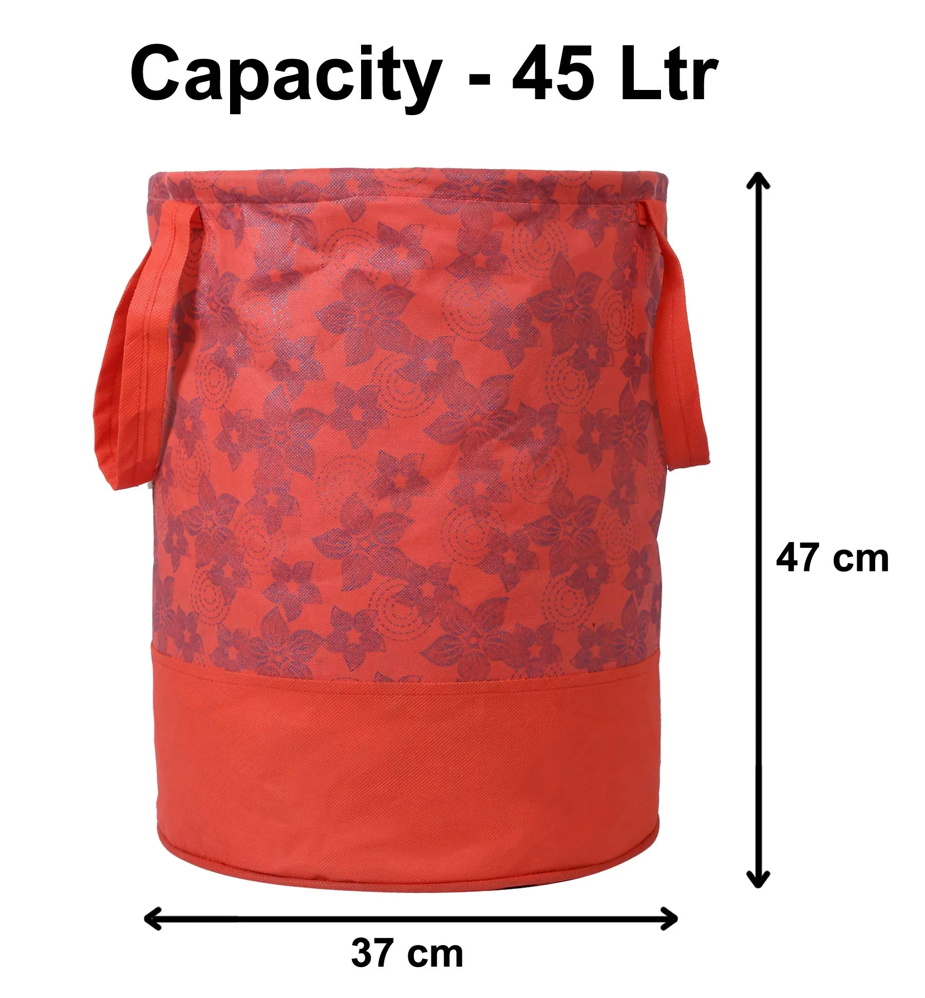 Heart Home Metalic Flower Print Round Non Woven Fabric Foldable Laundry Basket, Toy Storage Basket, Cloth Storage Basket with Handles, 45 LTR (Red)-HEART12053