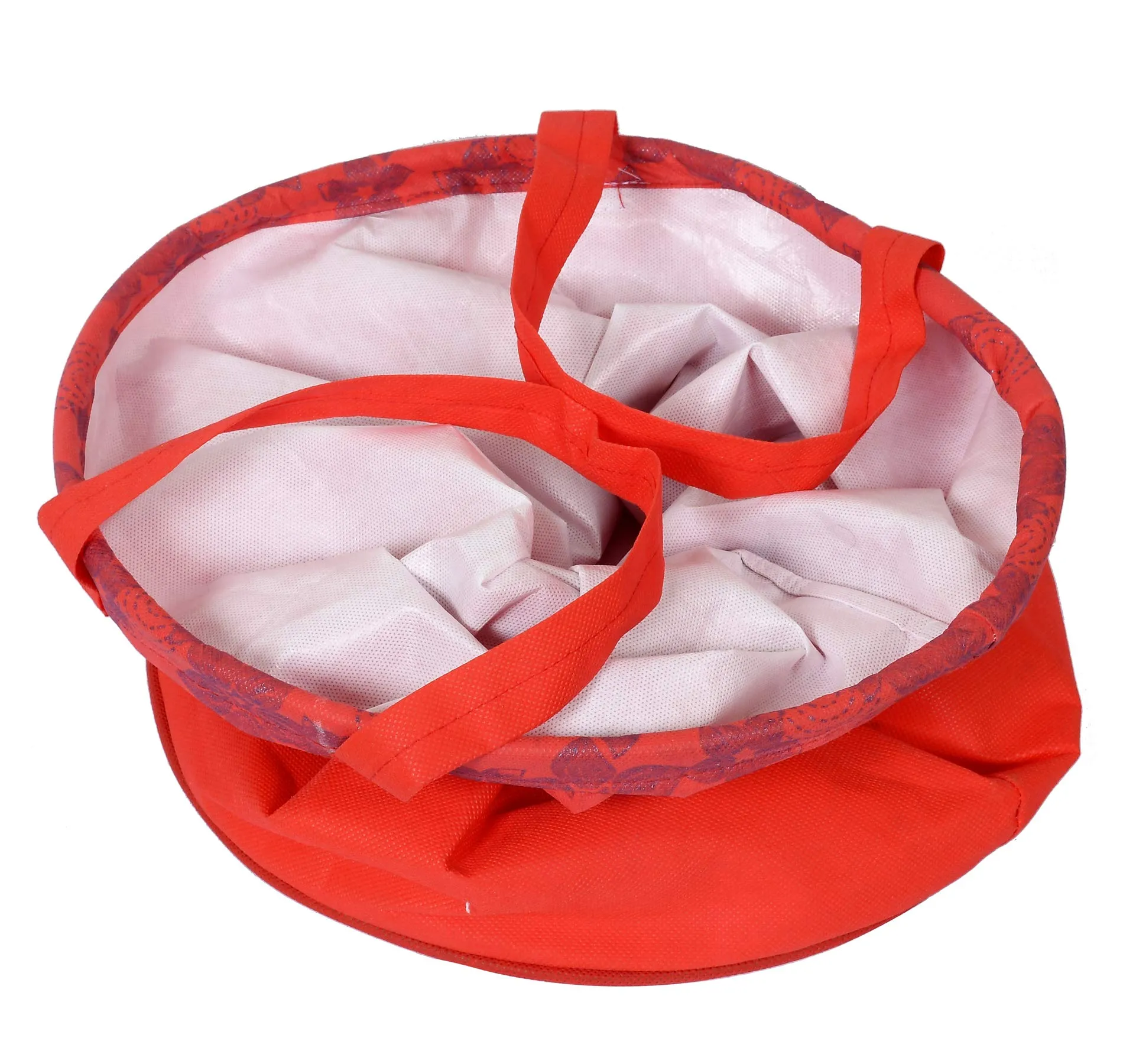 Heart Home Metalic Flower Print Round Non Woven Fabric Foldable Laundry Basket, Toy Storage Basket, Cloth Storage Basket with Handles, 45 LTR (Red)-HEART12053