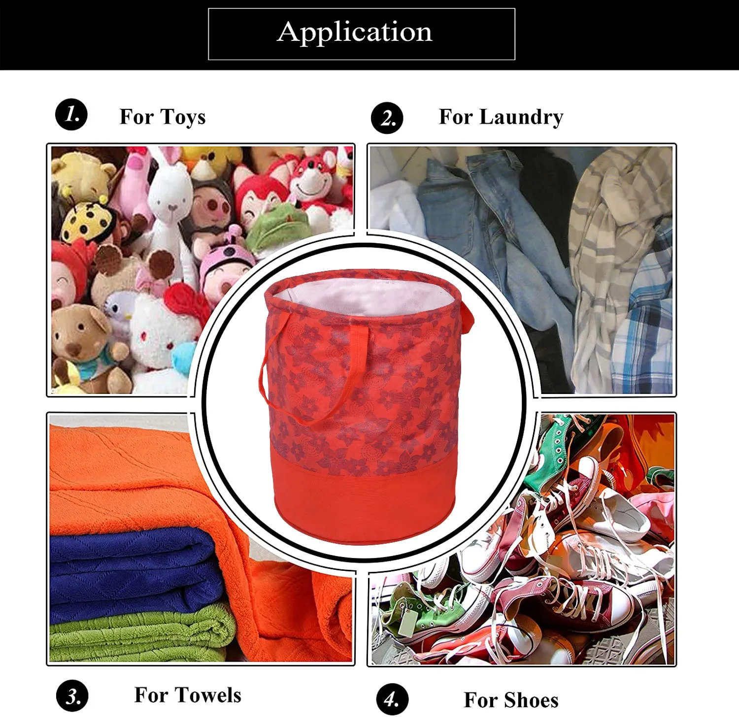 Heart Home Metalic Flower Print Round Non Woven Fabric Foldable Laundry Basket, Toy Storage Basket, Cloth Storage Basket with Handles, 45 LTR (Red)-HEART12053
