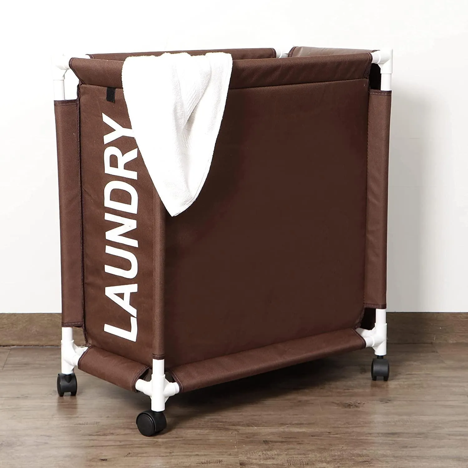 HOKIPO Oxford Fabric Laundry Basket Trolley With Wheels - 65x30x58 cm, Brown