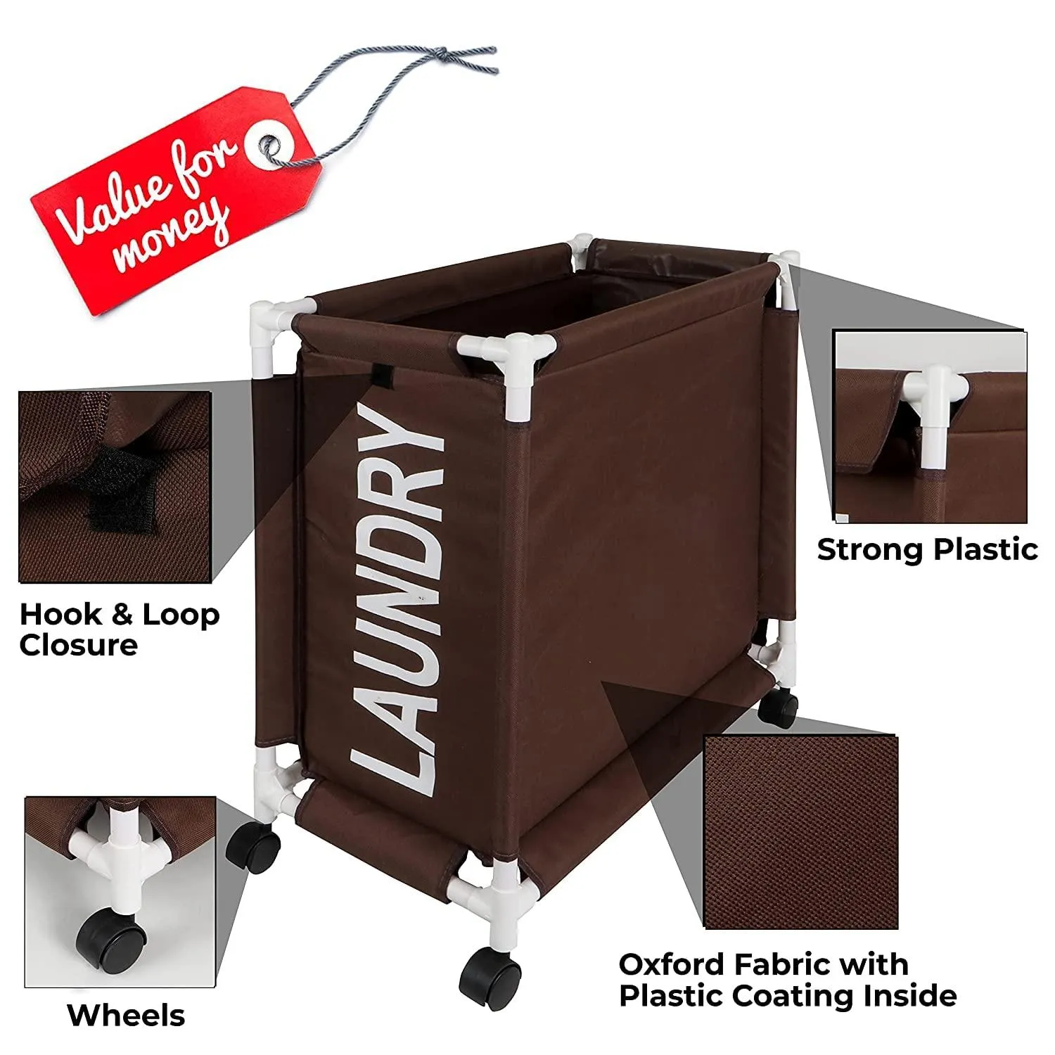 HOKIPO Oxford Fabric Laundry Basket Trolley With Wheels - 65x30x58 cm, Brown