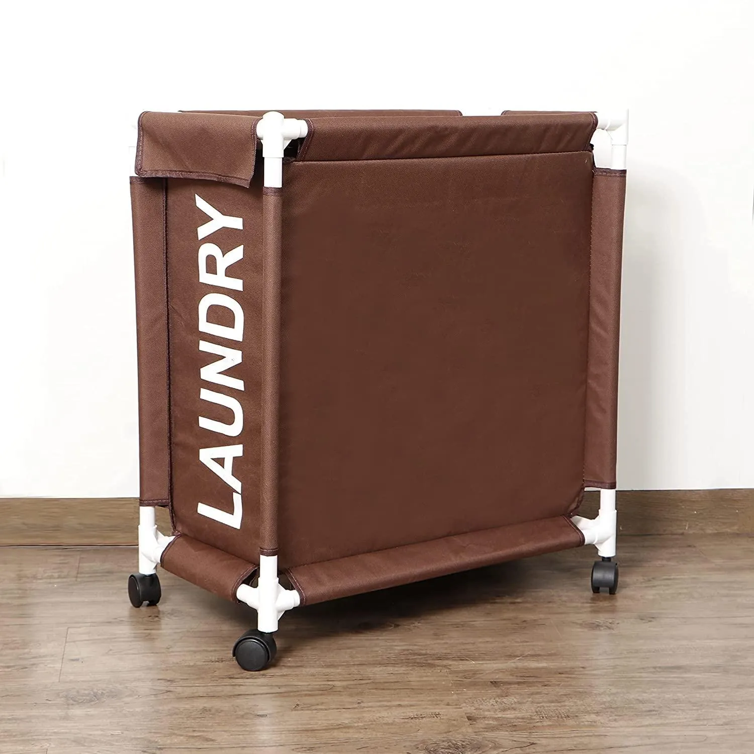 HOKIPO Oxford Fabric Laundry Basket Trolley With Wheels - 65x30x58 cm, Brown