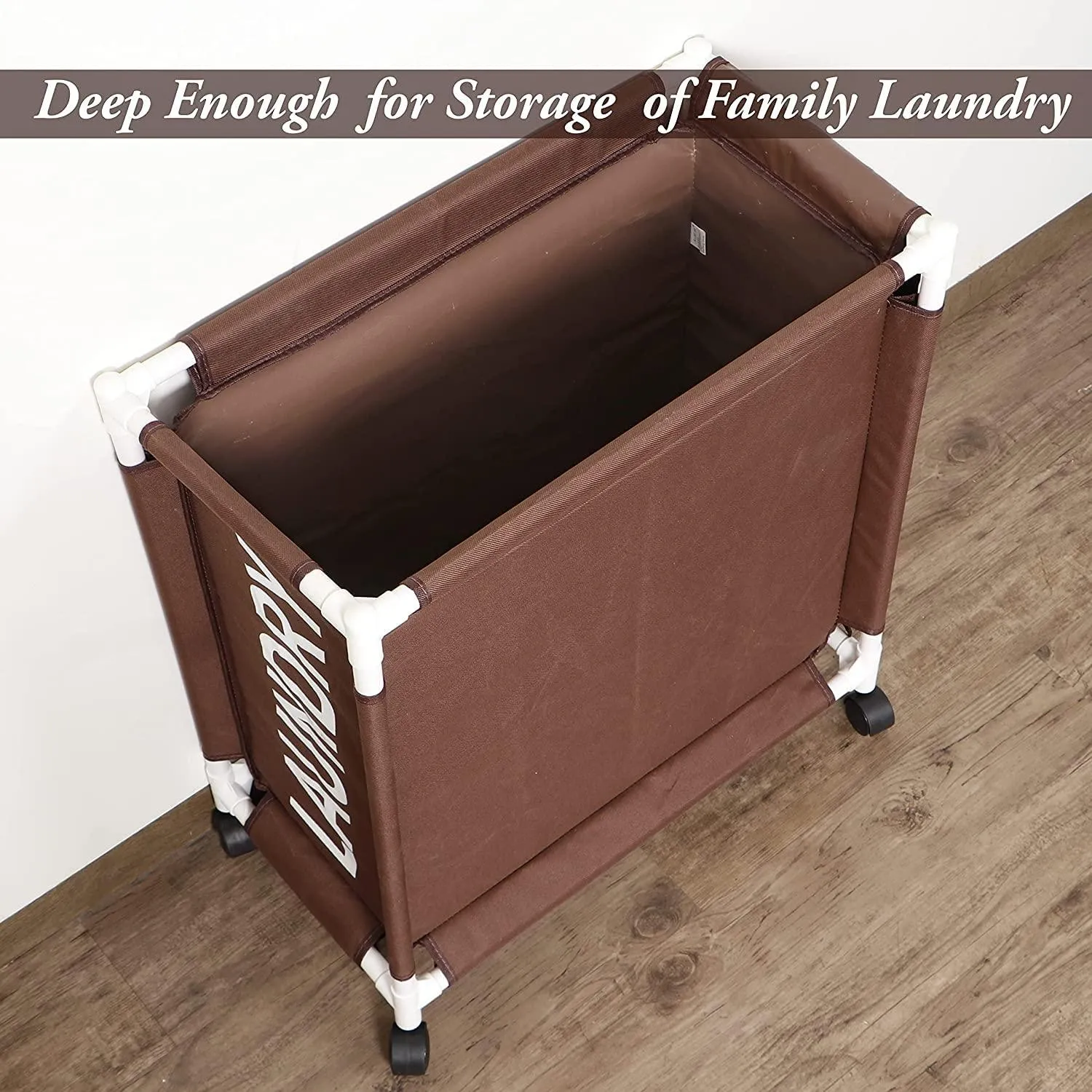 HOKIPO Oxford Fabric Laundry Basket Trolley With Wheels - 65x30x58 cm, Brown