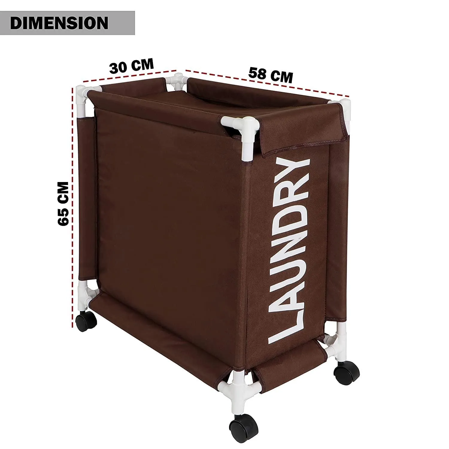 HOKIPO Oxford Fabric Laundry Basket Trolley With Wheels - 65x30x58 cm, Brown