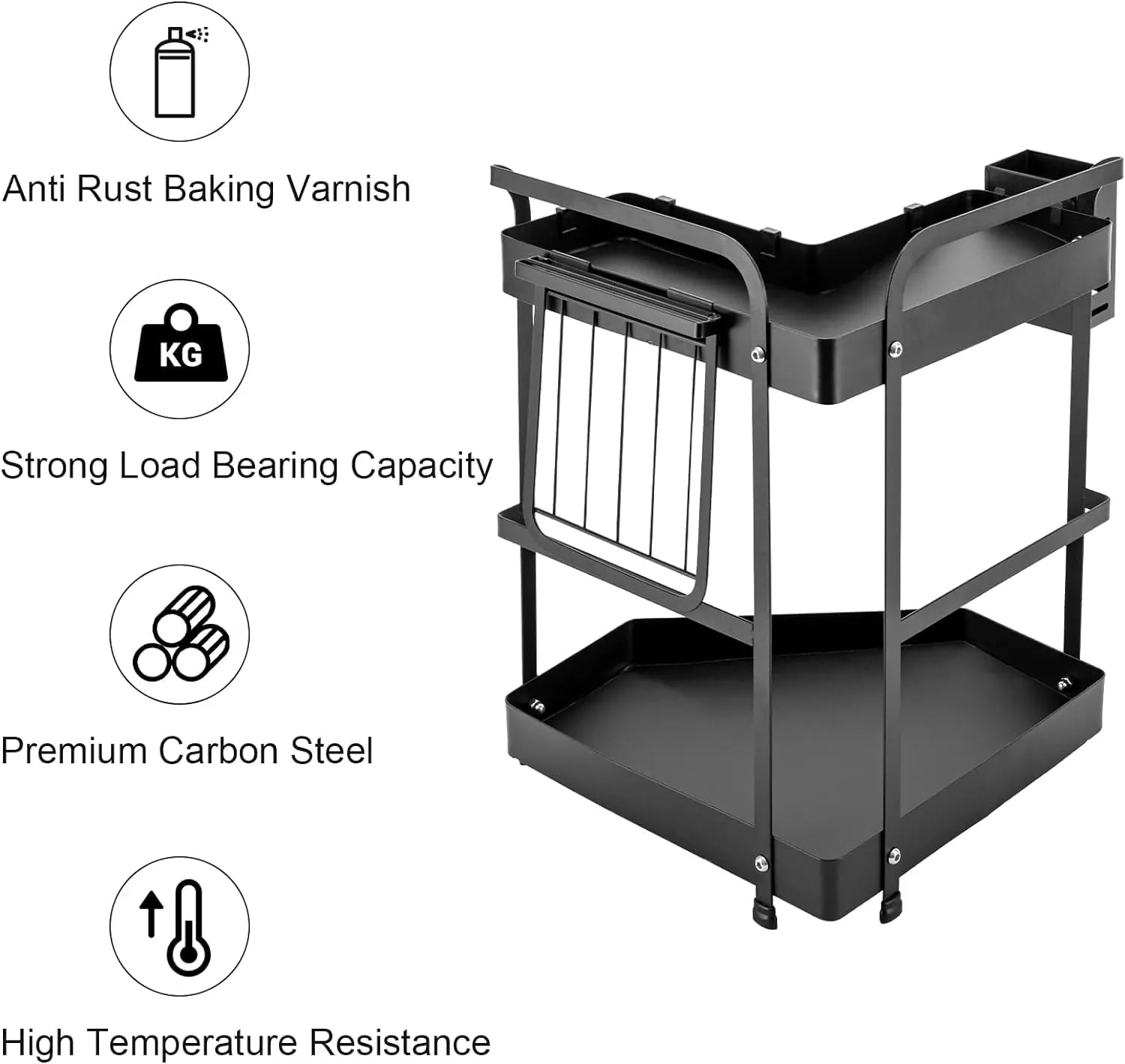 Kuber Industries Corner Kitchen Rack|Spice Rack,Chopsticks Rest, Knife Holder|4 Hooks Kitchen Storage Rack|L Shape Basket (Black)