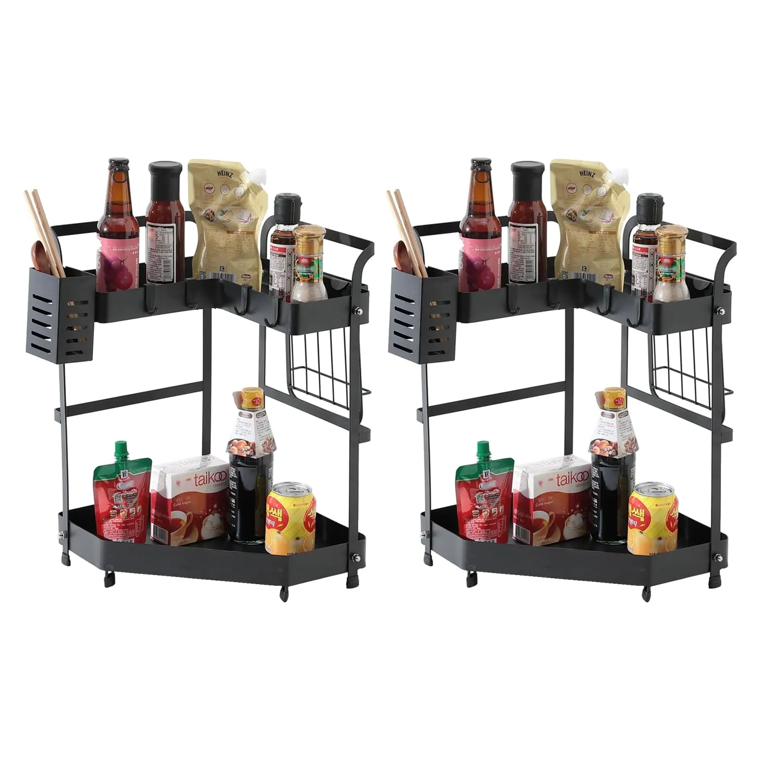 Kuber Industries Corner Kitchen Rack|Spice Rack,Chopsticks Rest, Knife Holder|4 Hooks Kitchen Storage Rack|L Shape Basket Pack of 2 (Black)