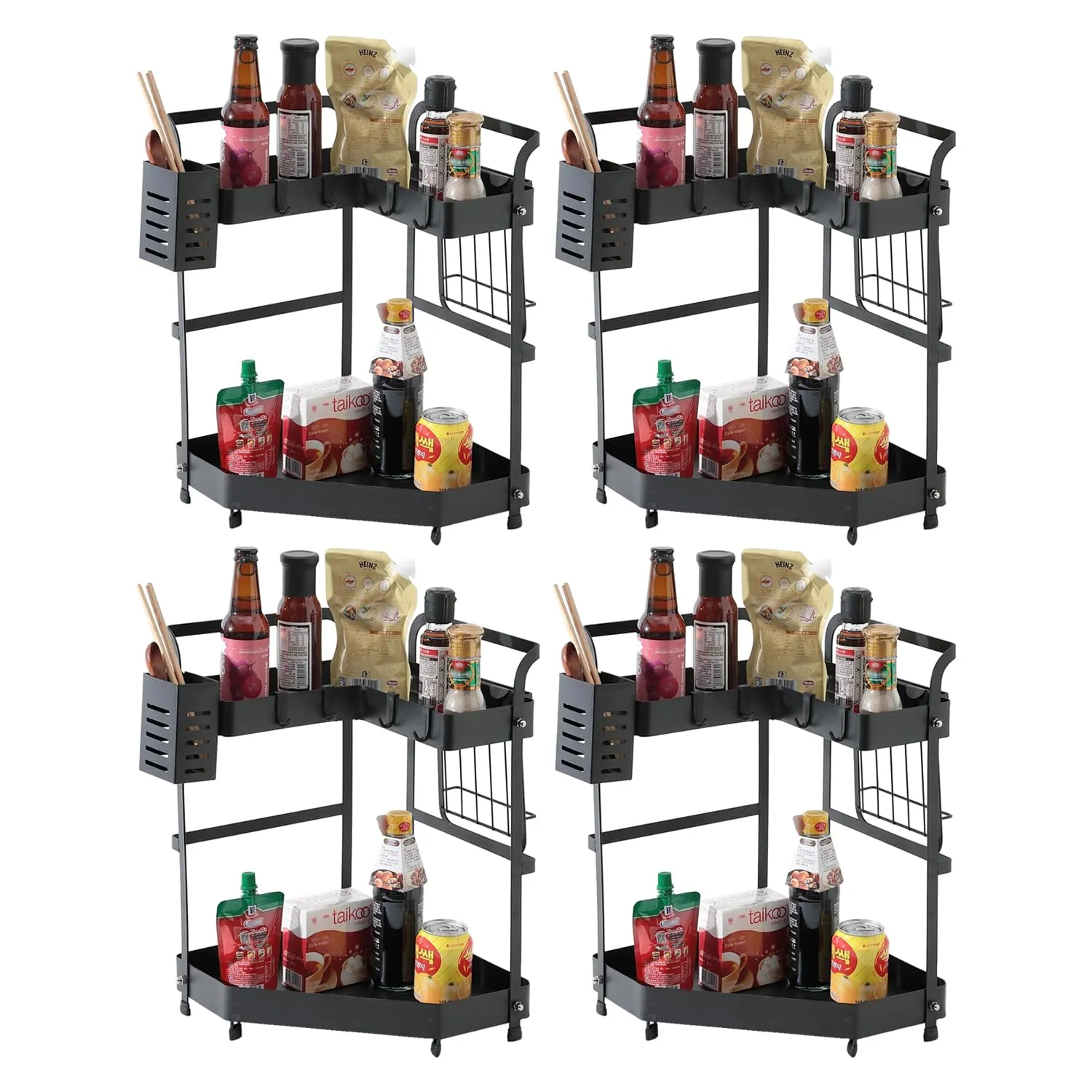 Kuber Industries Corner Kitchen Rack|Spice Rack,Chopsticks Rest, Knife Holder|4 Hooks Kitchen Storage Rack|L Shape Basket Pack of 4 (Black)