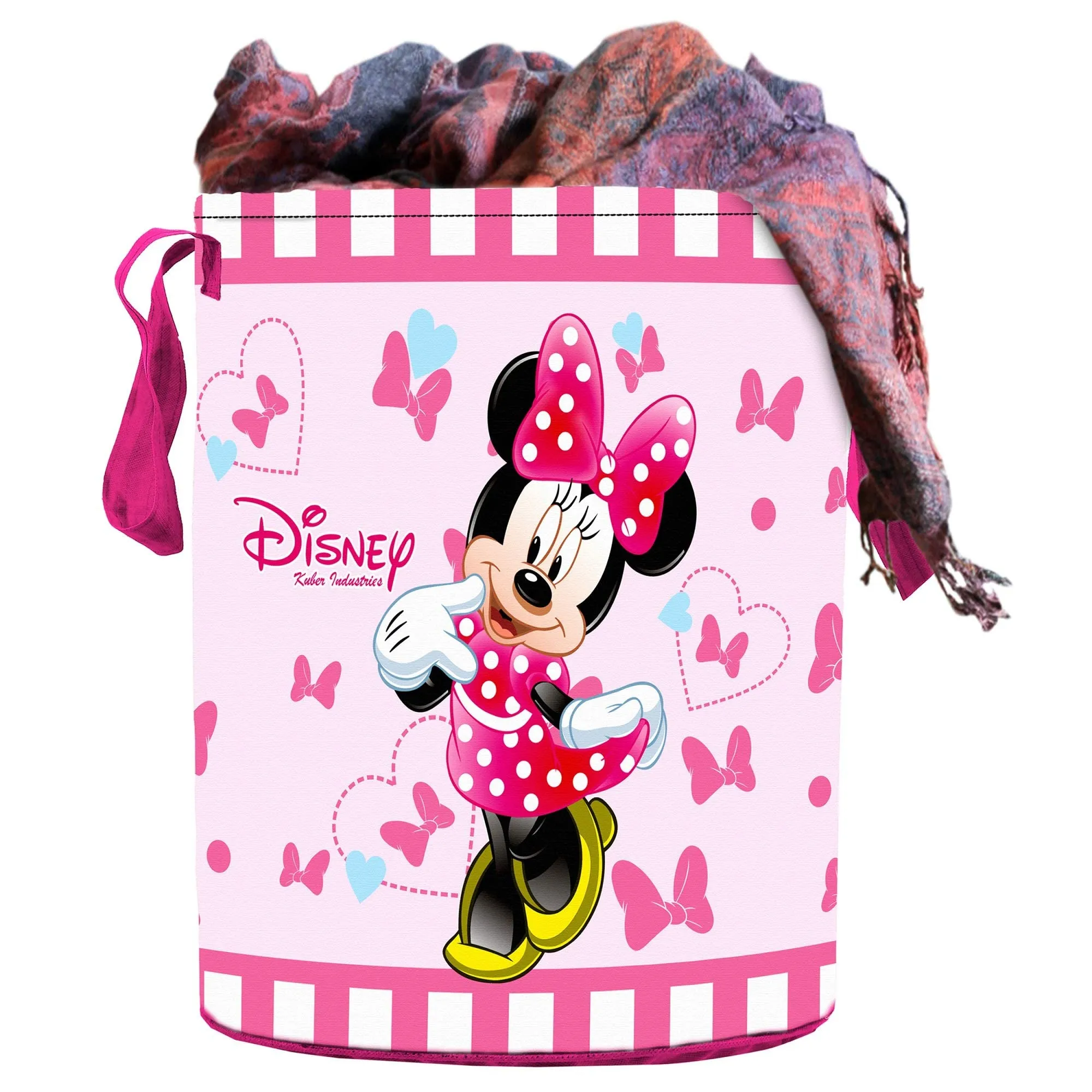 Kuber Industries Disney Minnie Print Round Non Woven Fabric Foldable Laundry Basket|Toy Storage Basket|Cloth Storage Basket with Handles,45 LTR|Pack of 2 (Pink)