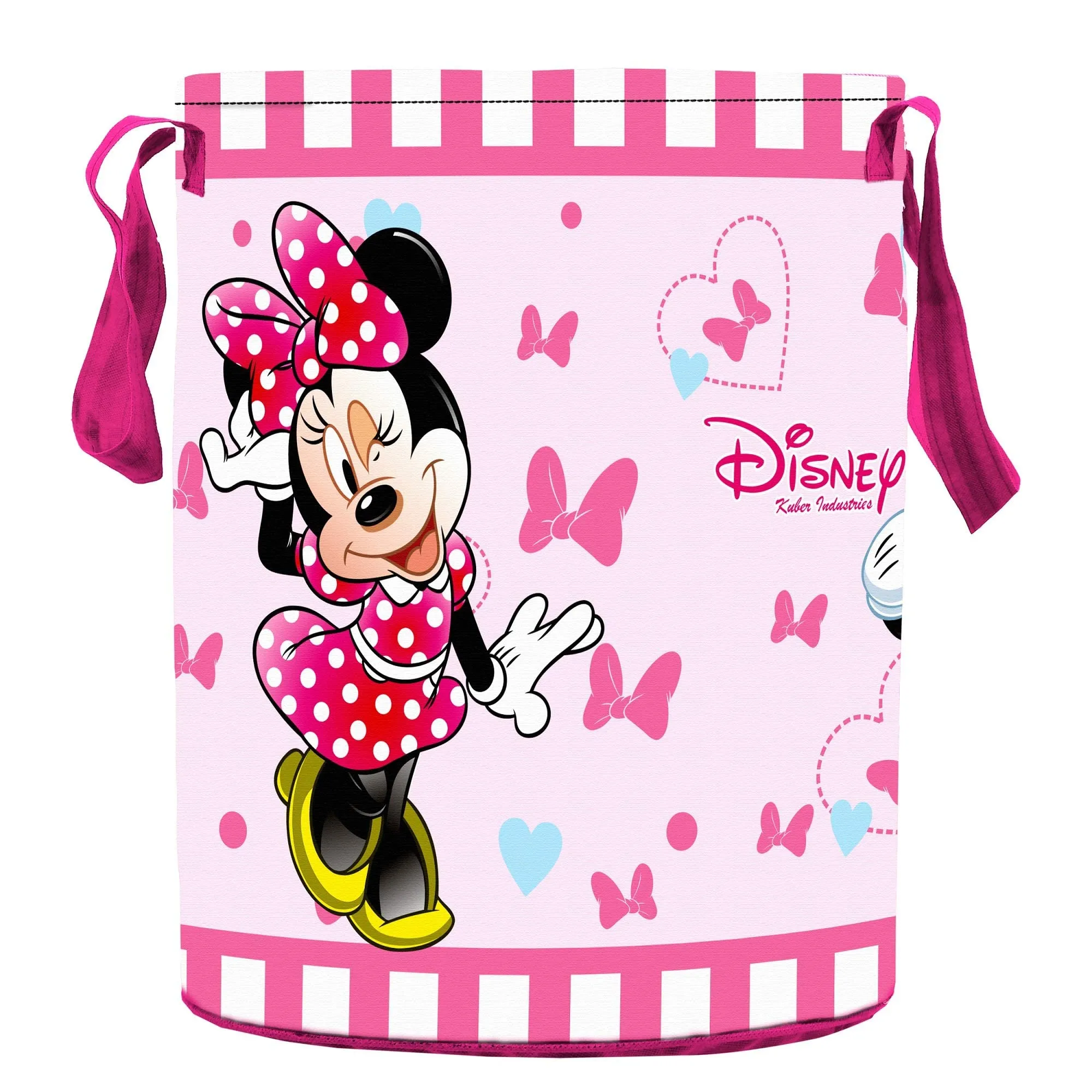 Kuber Industries Disney Minnie Print Round Non Woven Fabric Foldable Laundry Basket|Toy Storage Basket|Cloth Storage Basket with Handles,45 LTR|Pack of 2 (Pink)