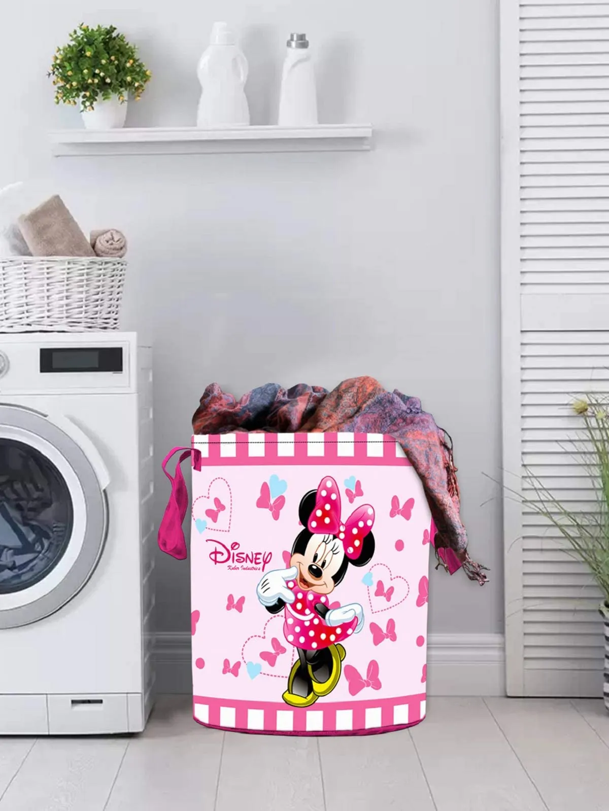 Kuber Industries Disney Minnie Print Round Non Woven Fabric Foldable Laundry Basket|Toy Storage Basket|Cloth Storage Basket with Handles,45 LTR|Pack of 2 (Pink)
