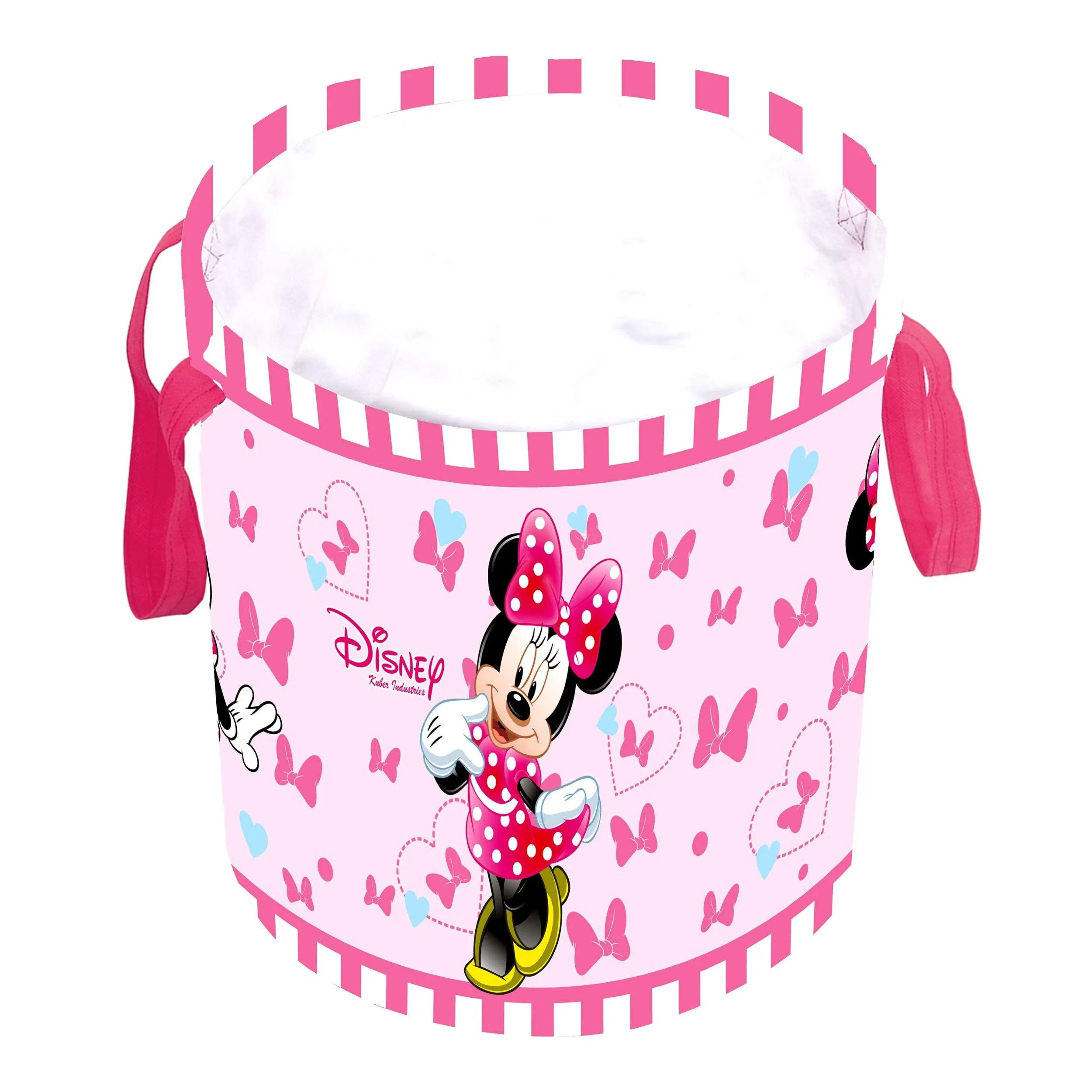 Kuber Industries Disney Minnie Print Round Non Woven Fabric Foldable Laundry Basket|Toy Storage Basket|Cloth Storage Basket with Handles,45 LTR|Pack of 2 (Pink)