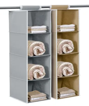 Kuber Industries Fabric Non Woven Hanging 4 Shelves Foldable Wardrobe/Closet Cloth Organizer (Grey & Brown)-Pack Of 2-Kubmart15332