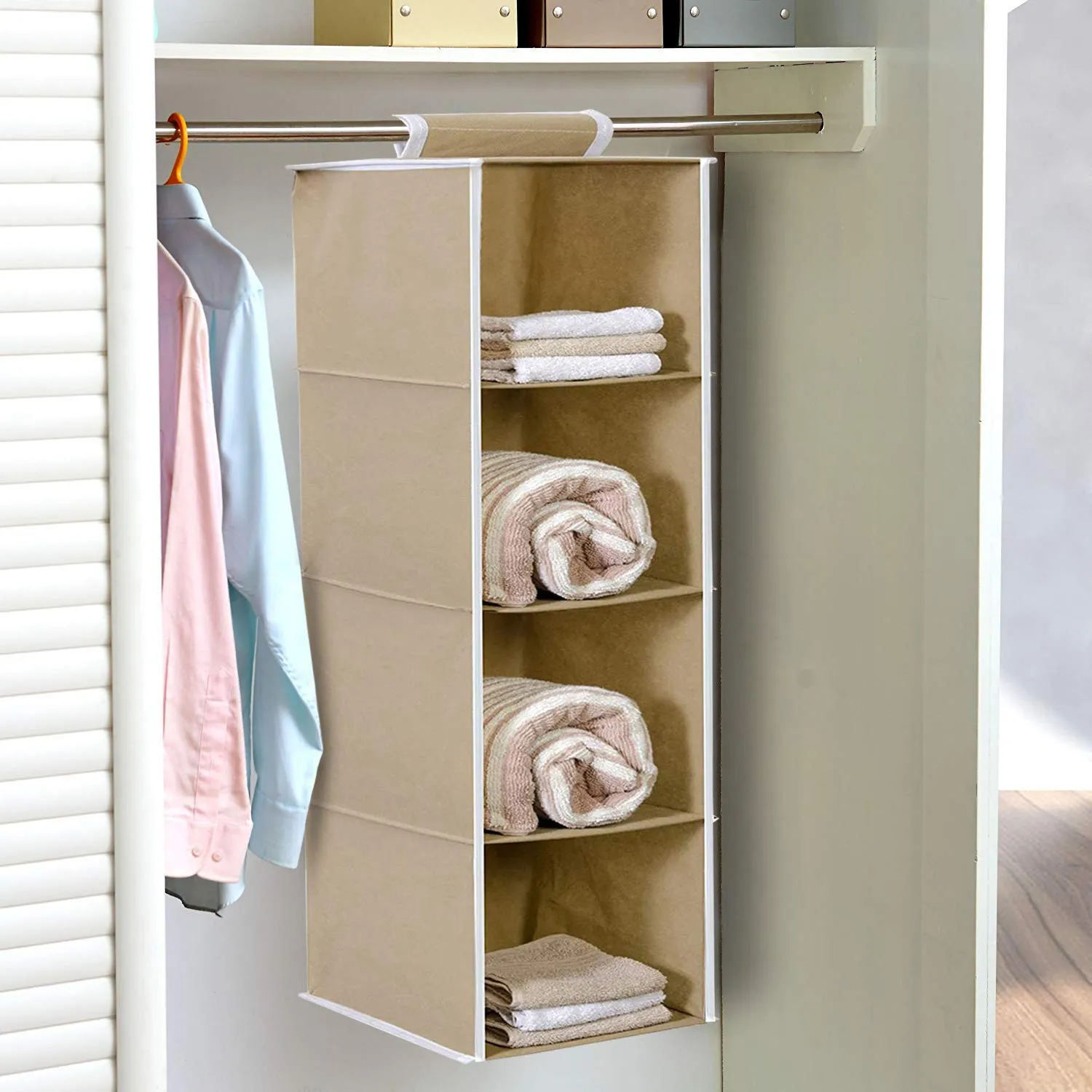 Kuber Industries Fabric Non Woven Hanging 4 Shelves Foldable Wardrobe/Closet Cloth Organizer (Grey & Brown)-Pack Of 2-Kubmart15332