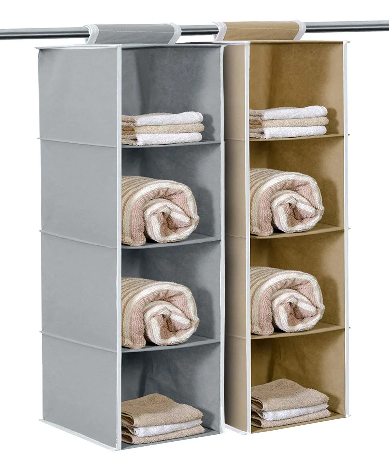 Kuber Industries Fabric Non Woven Hanging 4 Shelves Foldable Wardrobe/Closet Cloth Organizer (Grey & Brown)-Pack Of 2-Kubmart15332