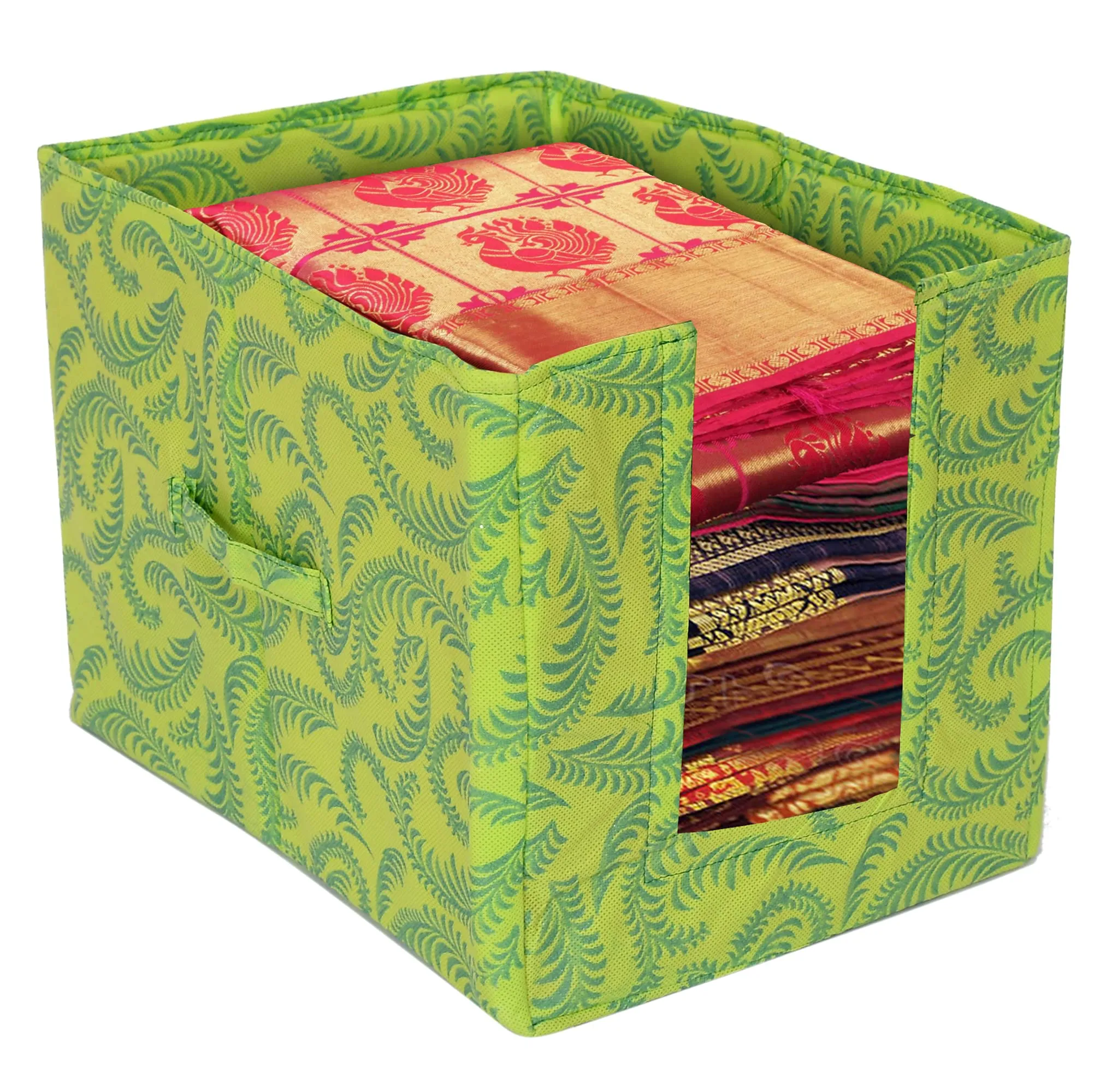 Kuber Industries Metalic Leaf Print Foldable Rectangle Cloth Saree Stacker Cloth Wardrobe Organizer- Pack of 6 (Green)