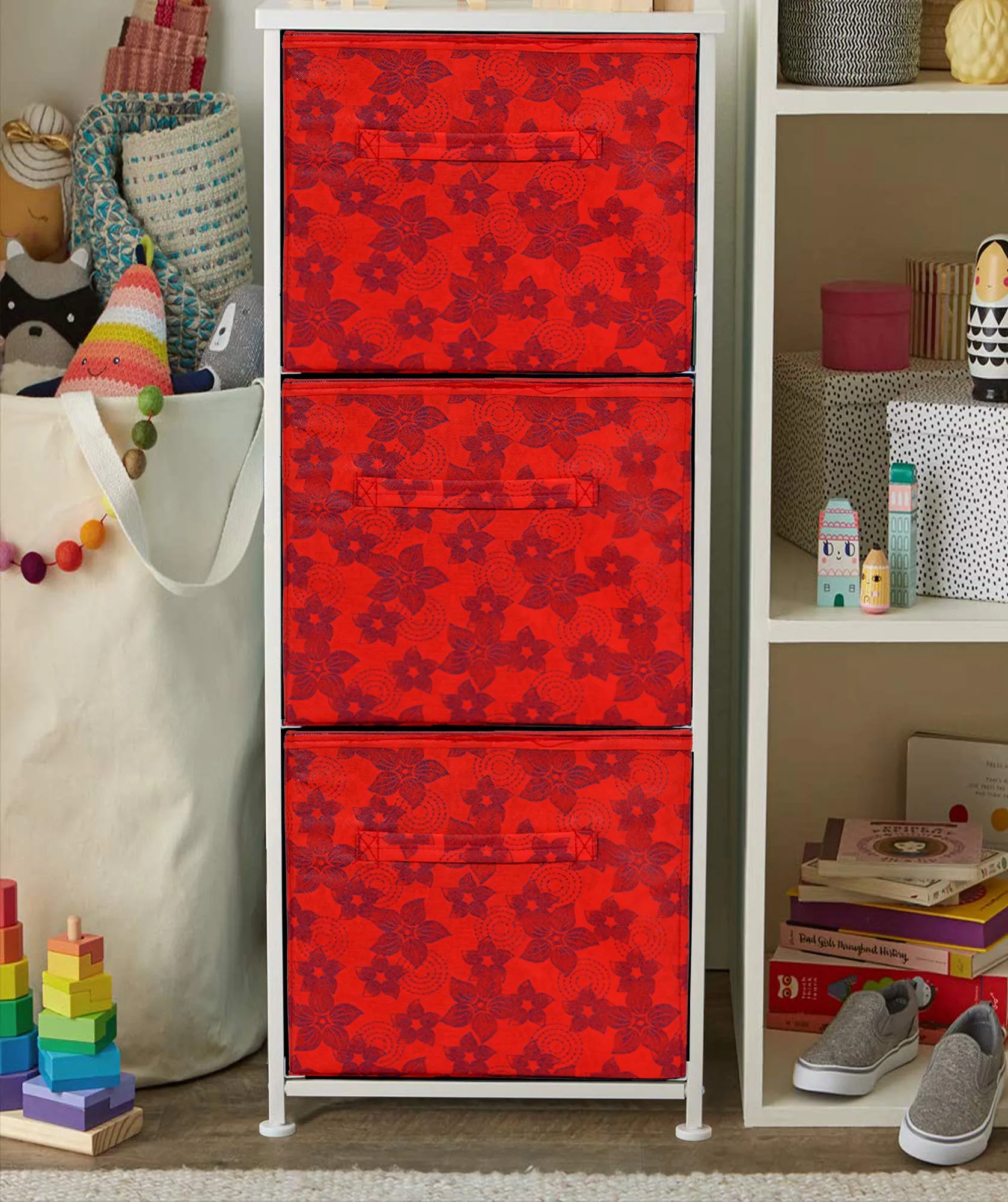 Kuber Industries Metallic Design Non Woven 6 Pieces Large Foldable Storage Organiser Cubes/Boxes (Red) - CTKTC35553