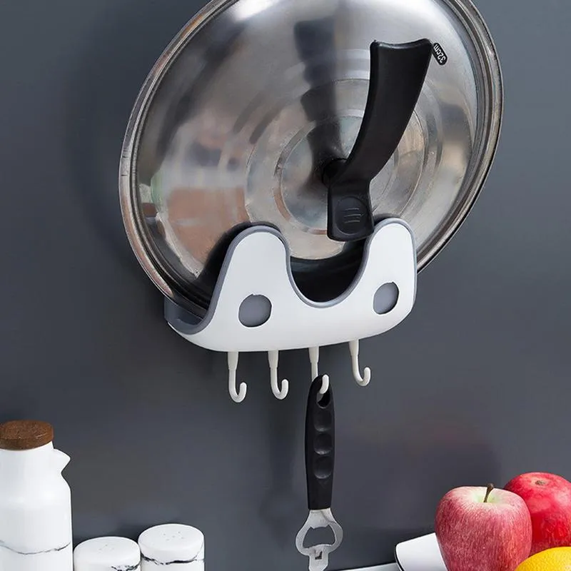 【LV252】Pot Lid Holder With 4 Hooks Self Adhesive Wall-Mounted Hanging Hooks