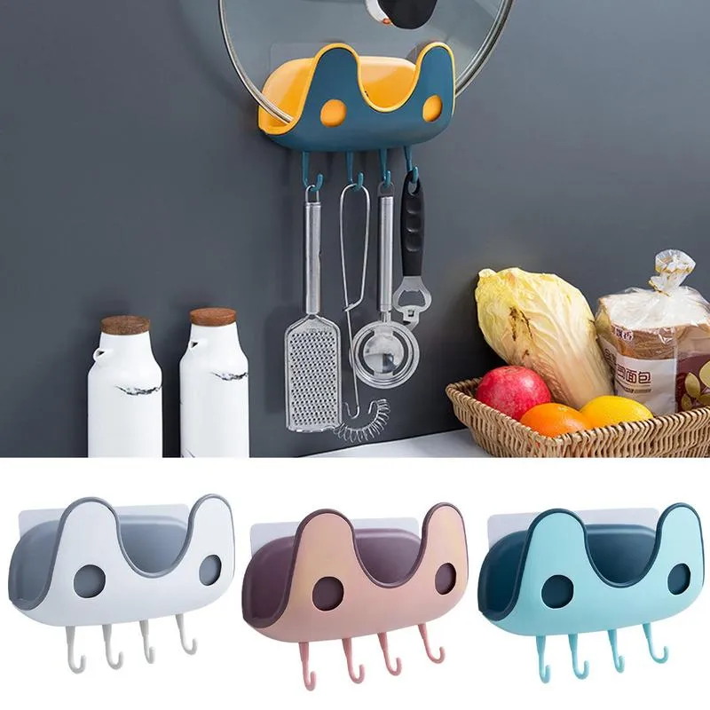 【LV252】Pot Lid Holder With 4 Hooks Self Adhesive Wall-Mounted Hanging Hooks