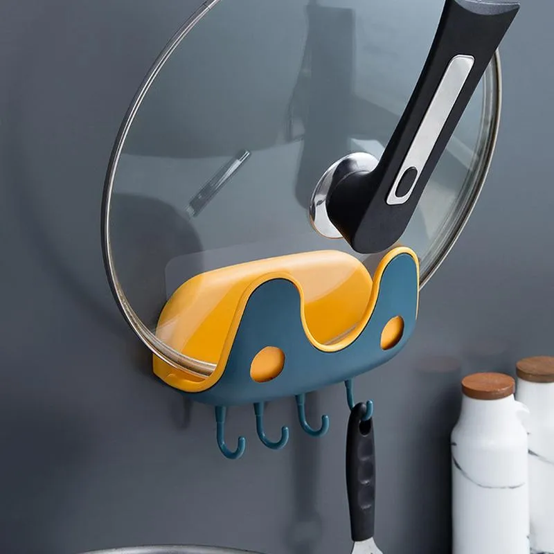 【LV252】Pot Lid Holder With 4 Hooks Self Adhesive Wall-Mounted Hanging Hooks