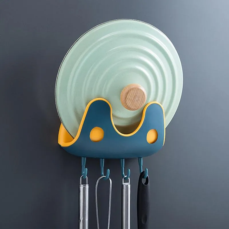 【LV252】Pot Lid Holder With 4 Hooks Self Adhesive Wall-Mounted Hanging Hooks