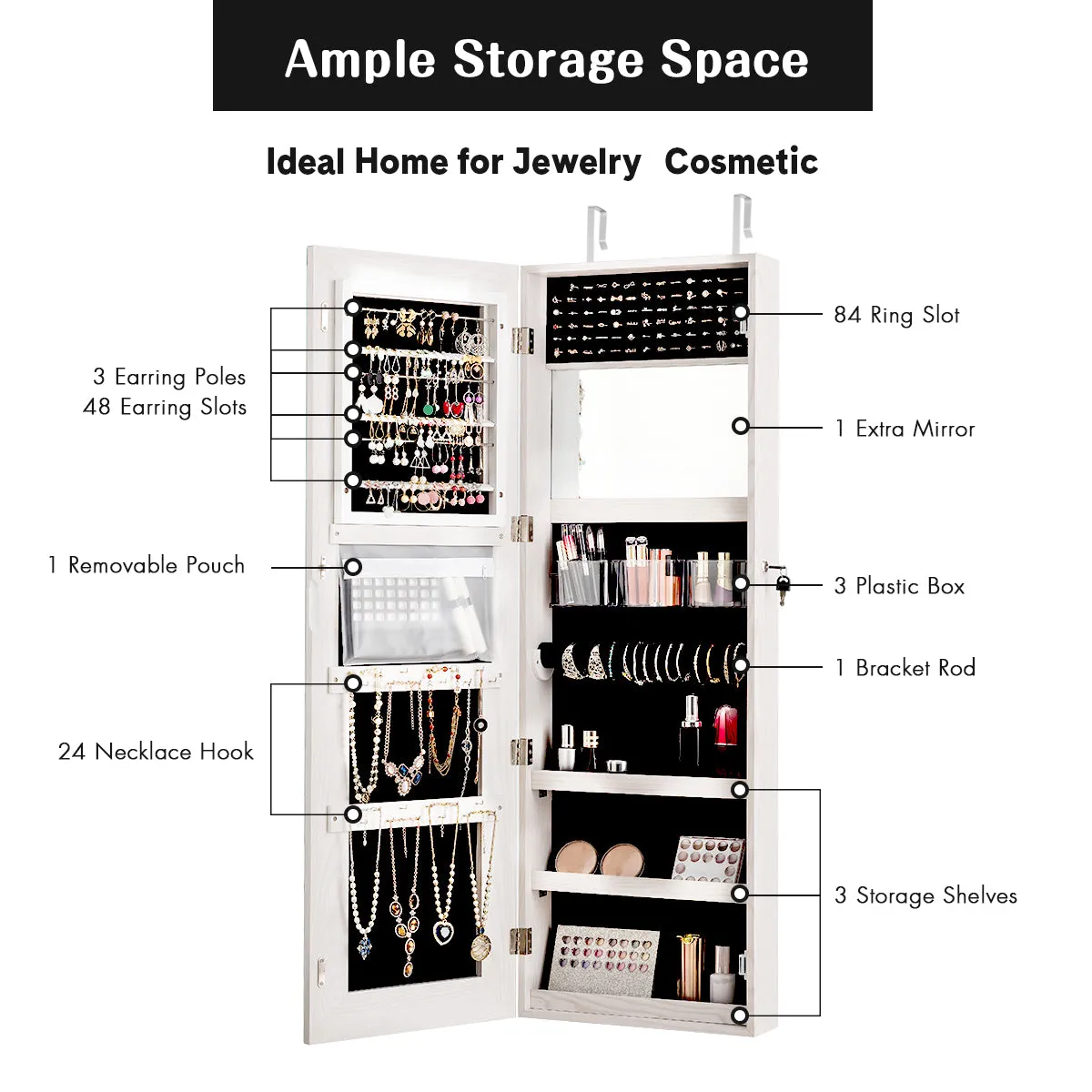 NNECW Lockable Jewelry Storage Cabinet with Frameless Mirror