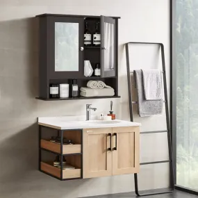 NNECW Wall Mounted Hanging Storage Cabinet Cupboard with Doors and 2 Mirrors for Bathroom Laundry-Brown
