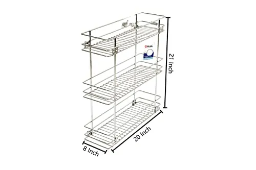 NNIDHI Stainless Steel Modular Bottle Pullout Basket For Modular Kitchen|Triple Pullout Basket| Rack| Organizer-7Mm (8W X 20D X 21H Inches ) With 1 Pair 20Inch Telescopic Channel, Pull-Out Shelves