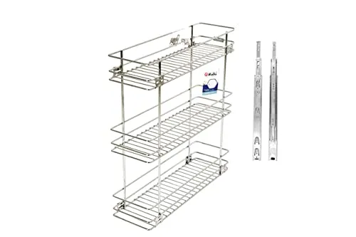 NNIDHI Stainless Steel Modular Bottle Pullout Basket For Modular Kitchen|Triple Pullout Basket| Rack| Organizer-7Mm (8W X 20D X 21H Inches ) With 1 Pair 20Inch Telescopic Channel, Pull-Out Shelves