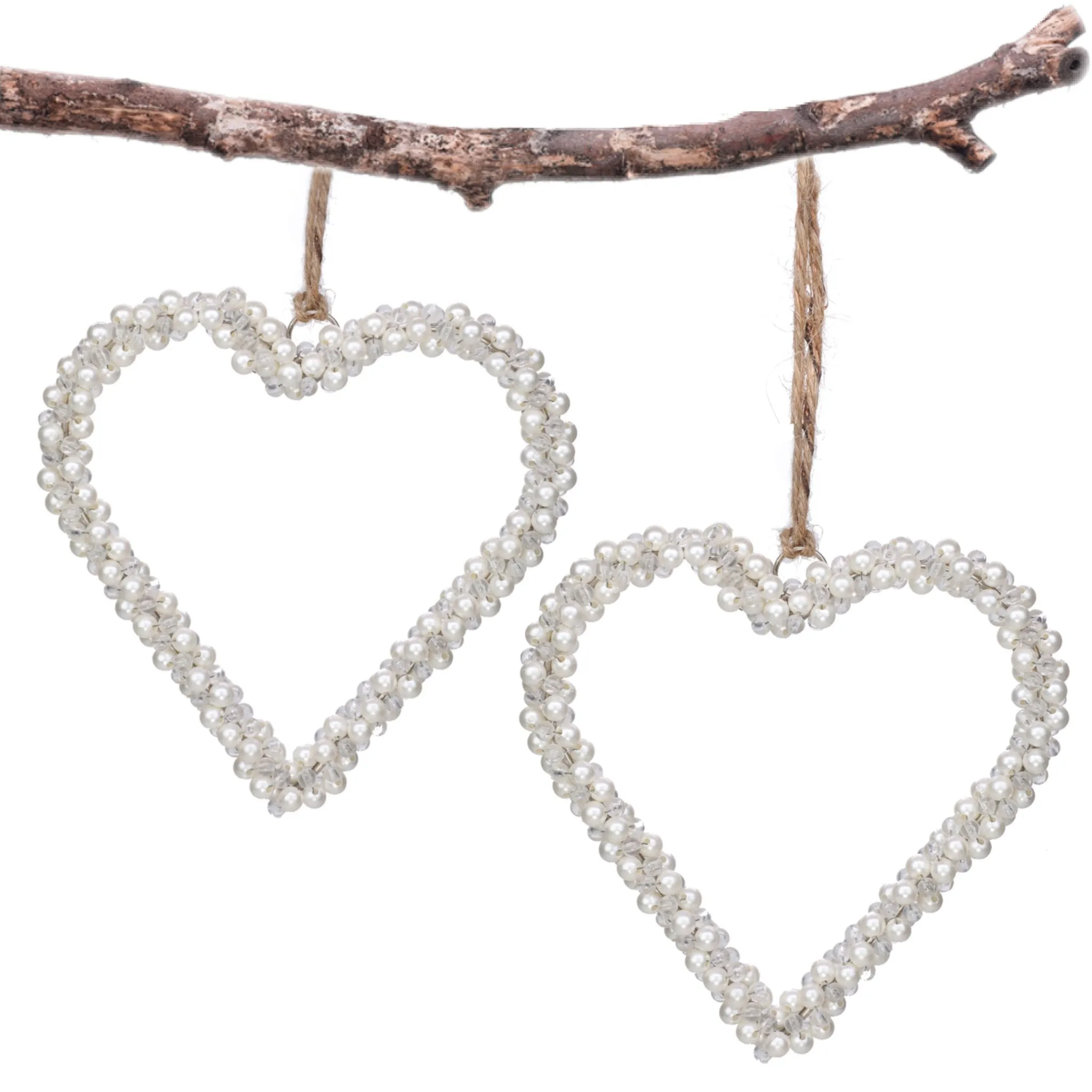 Pearl Beaded Heart Wreath Hanging in White, Set of 2