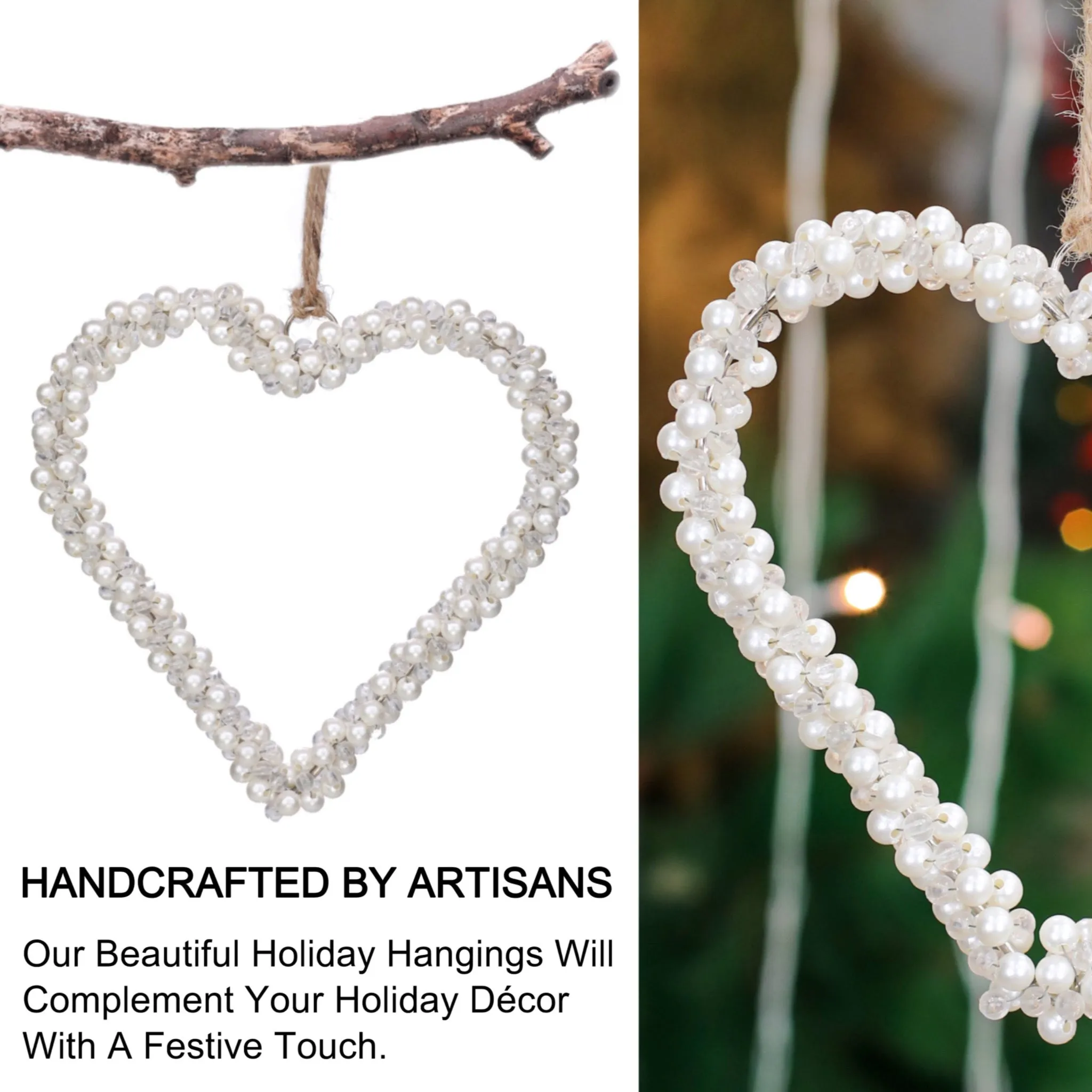 Pearl Beaded Heart Wreath Hanging in White, Set of 2