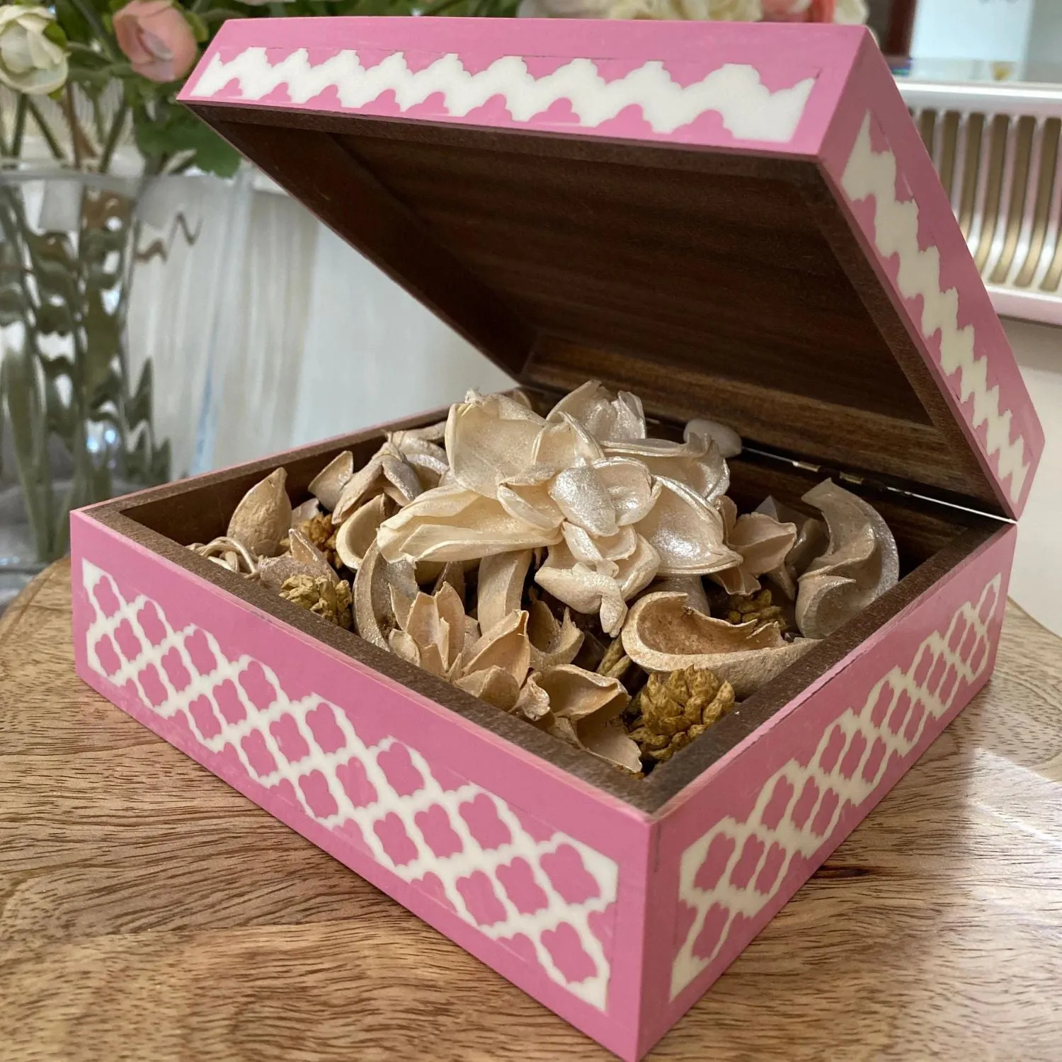 Pink Meena Inlay Wooden Box | Multi Purpose | Hand Crafted | 6" x 6"